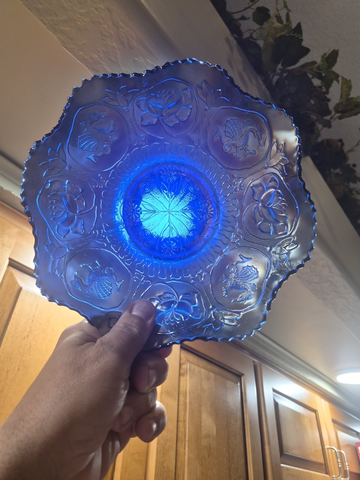 Antique Fenton Dragon/Lotus Bowl Cobalt Blue Metallic Finish 9in Across 2.5in…