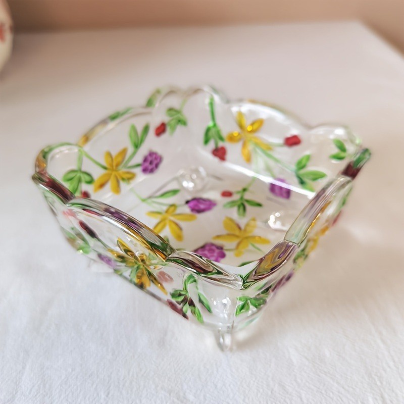 Glass Salad Bowl With Vintage Floral Serving Dish Fruit Bowl Colorful Home Decor