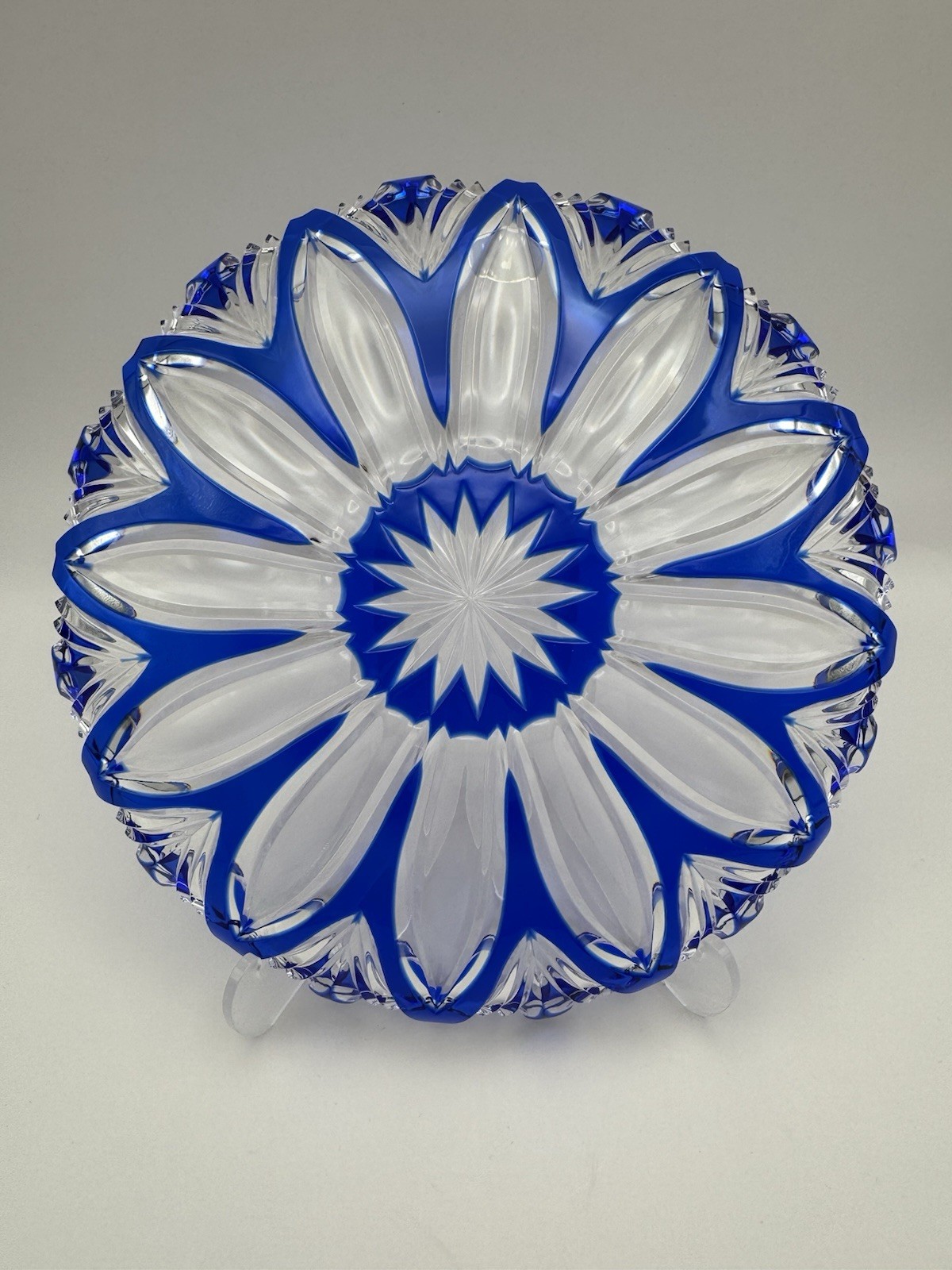 Bohemia Czech Cobalt Blue Cut to Clear Crystal Plate Charger Starburst