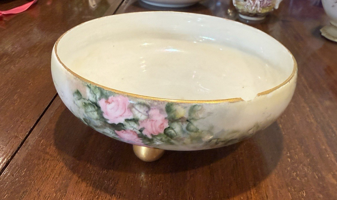 Antique T&V Limoges France Hand Painted Pink Roses Footed Bowl 1907