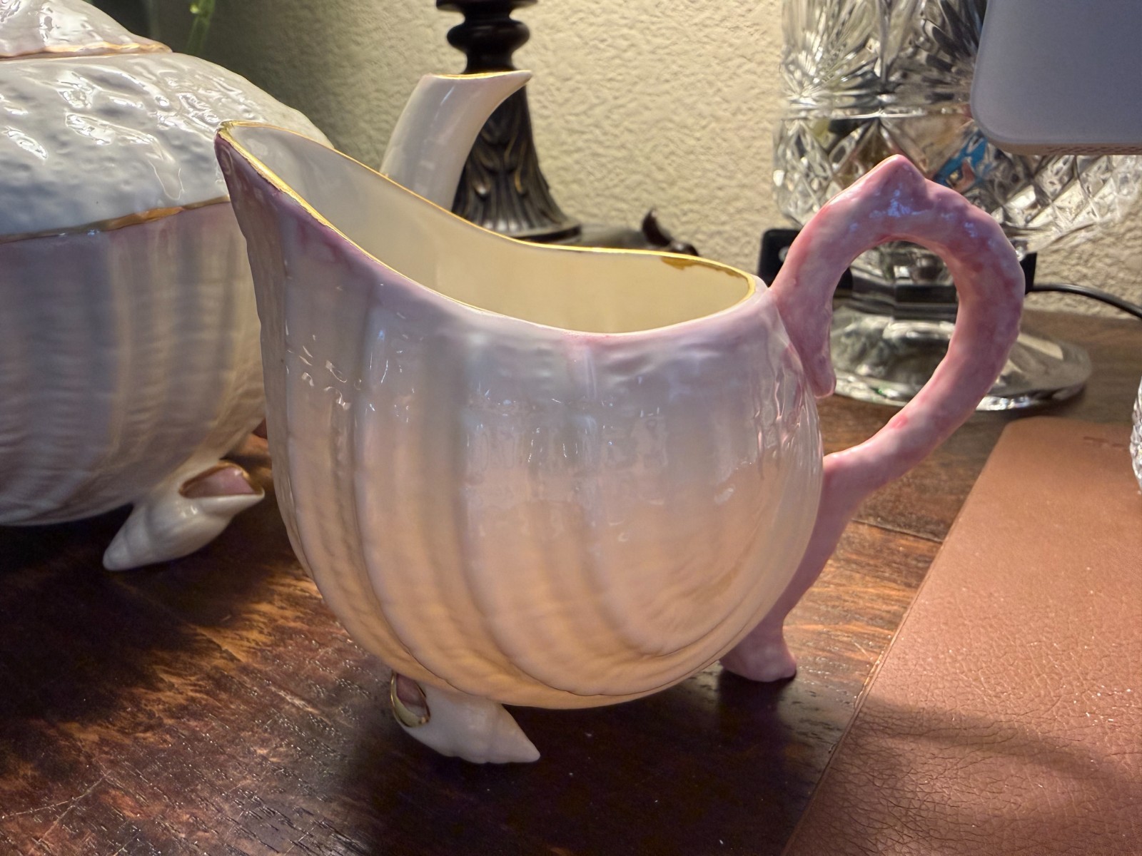 BELLEEK PINK NEPTUNE SEA SHELLS TEAPOT, SUGAR BOWL, CREAMER MINT CONDITION