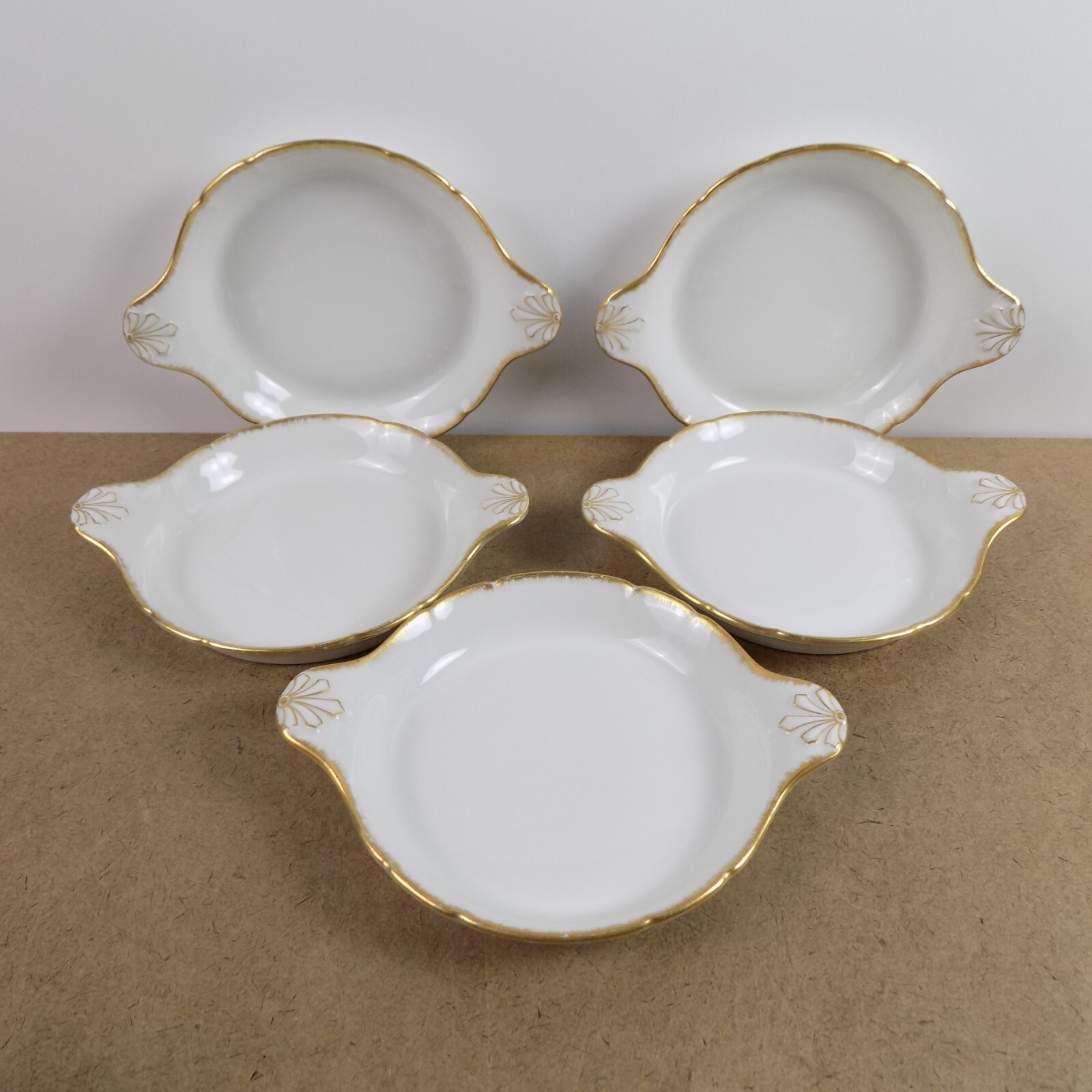 5 GDA Limoges Porcelaines a Feu Au Gratin Dishes White and Gold France