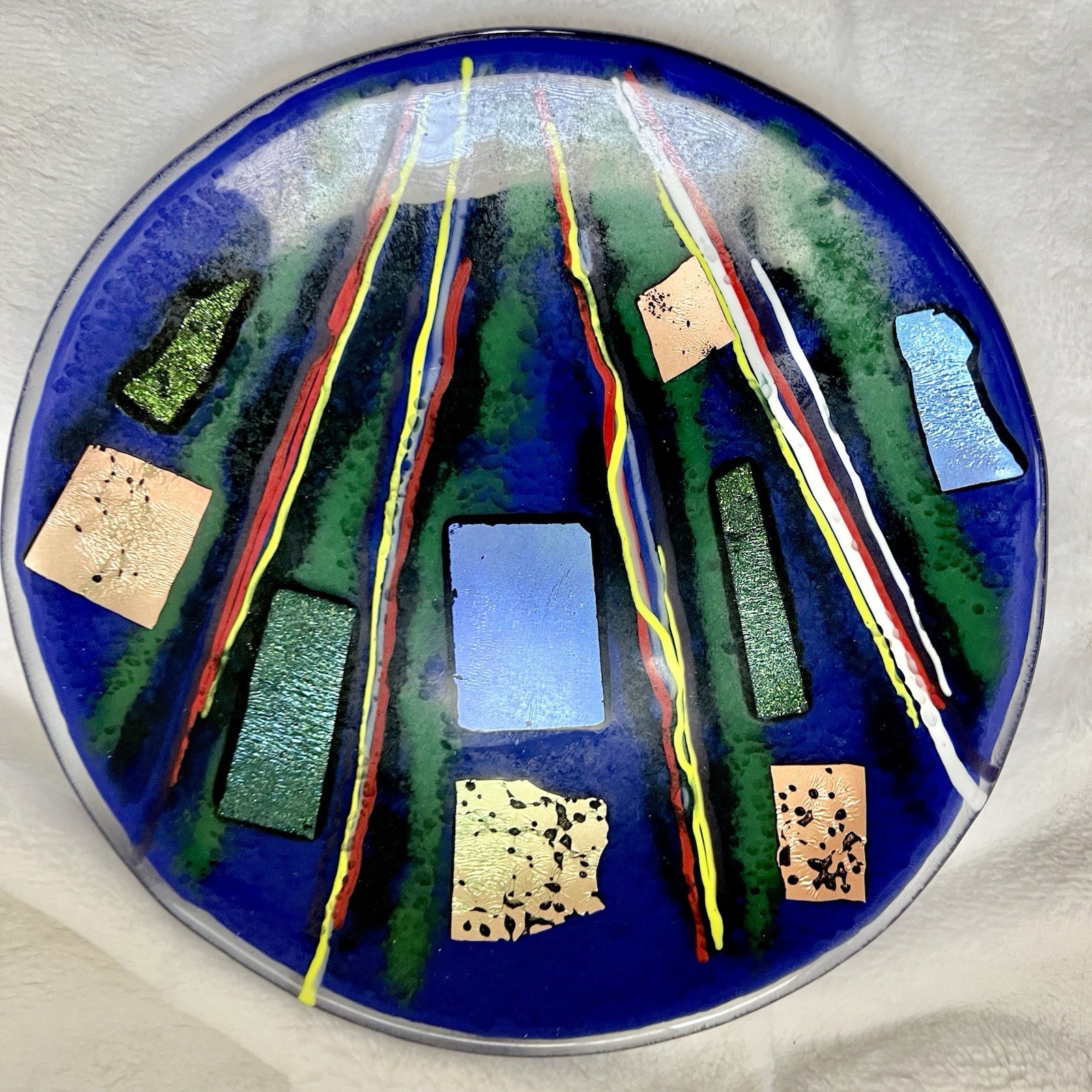 Abstract Fused Dichroic Art Glass Plate Blue Multicolor Modern Decor 8”