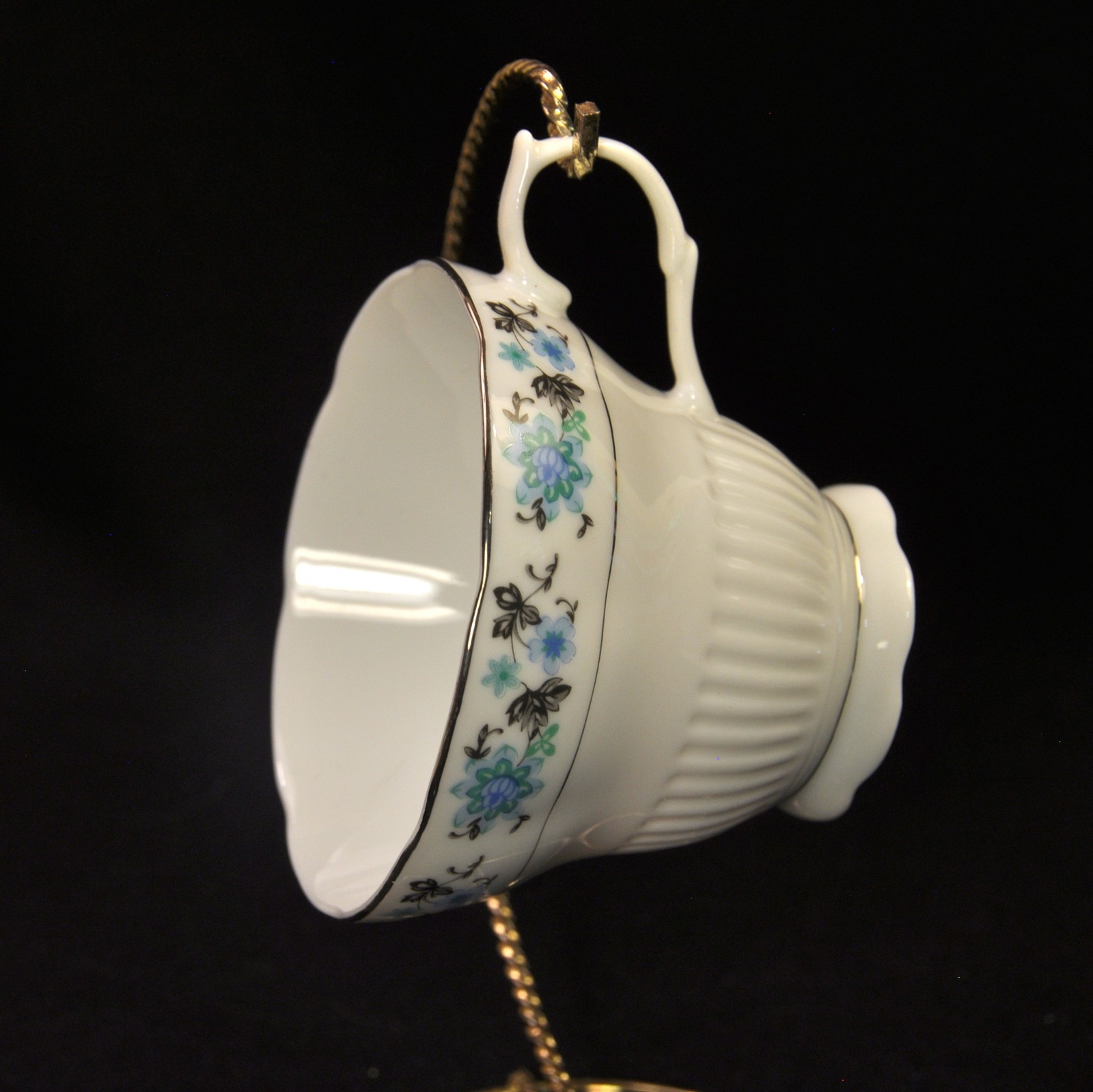 Cup & Saucer Floral w/Platinum on White Blue Black Scalloped Made in China