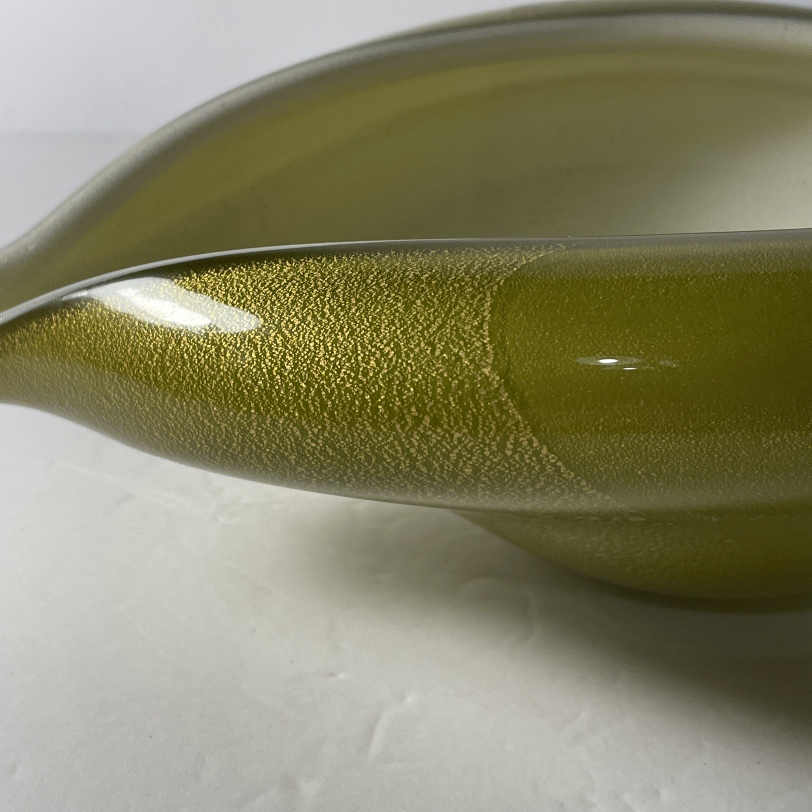 Mid Century Murano Olive Green Gold Fleck Leaf Barbini? Large Modernistic Bowl