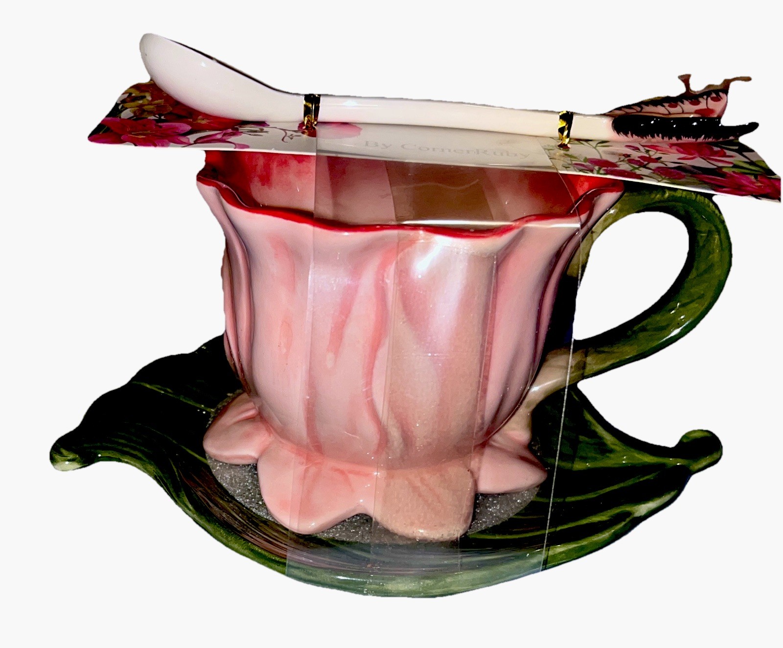 Botanical Collection Corner Ruby Flower Tea Cup Leaf Saucer Butterfly Spoon