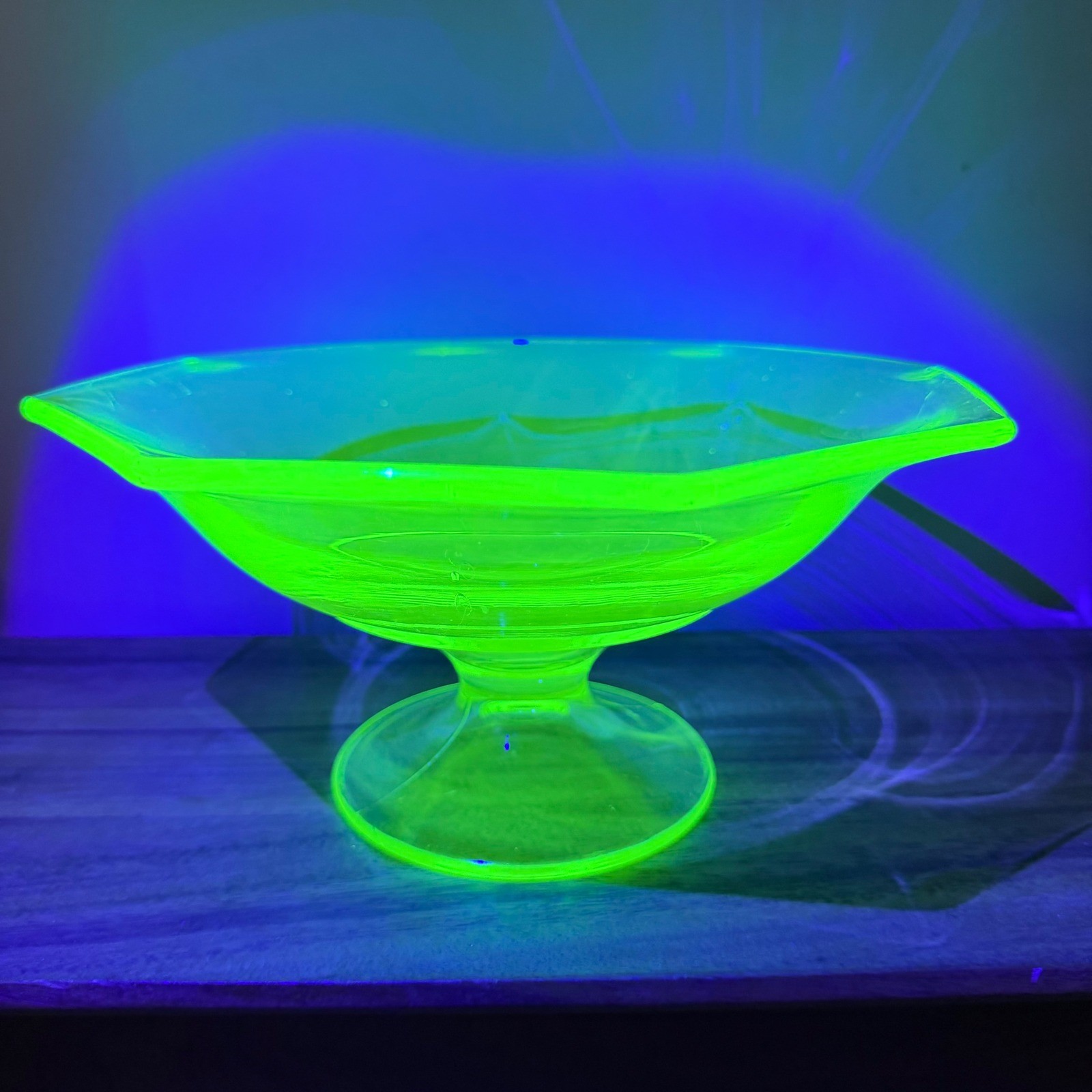 Vintage Green Uranium Glass Hexagon Pedestal Bowl UV Glow Depression Glass 10″