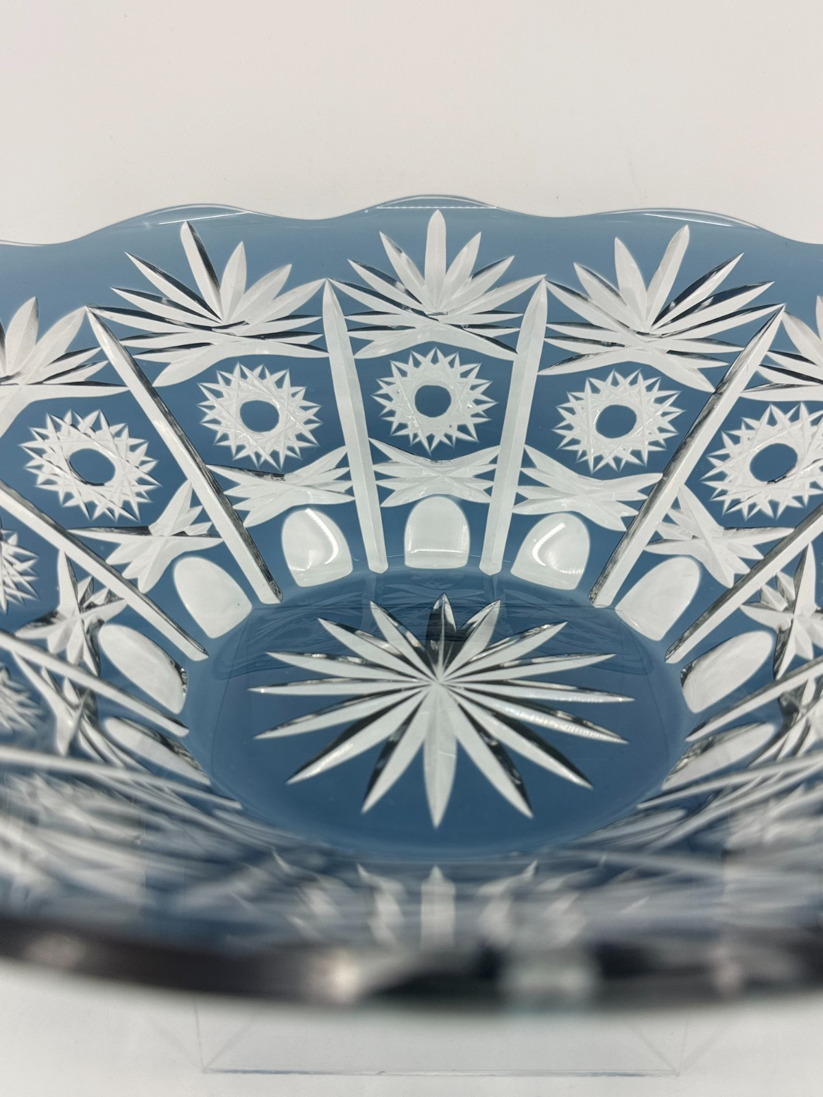 1950s Vintage Bohemian Lead Crystal Glass Cut To Clear Cobalt Blue Bowl 13″W