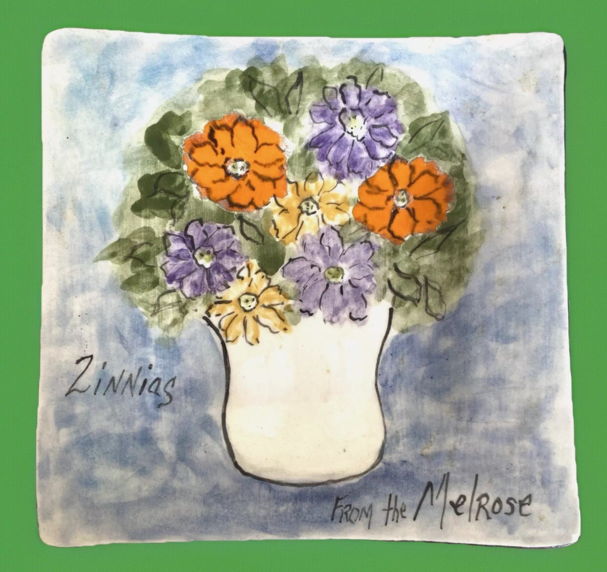 Square Dish Hand Painted Flower/Zinnias Still Life by Lori Ellyn 6-1/2″