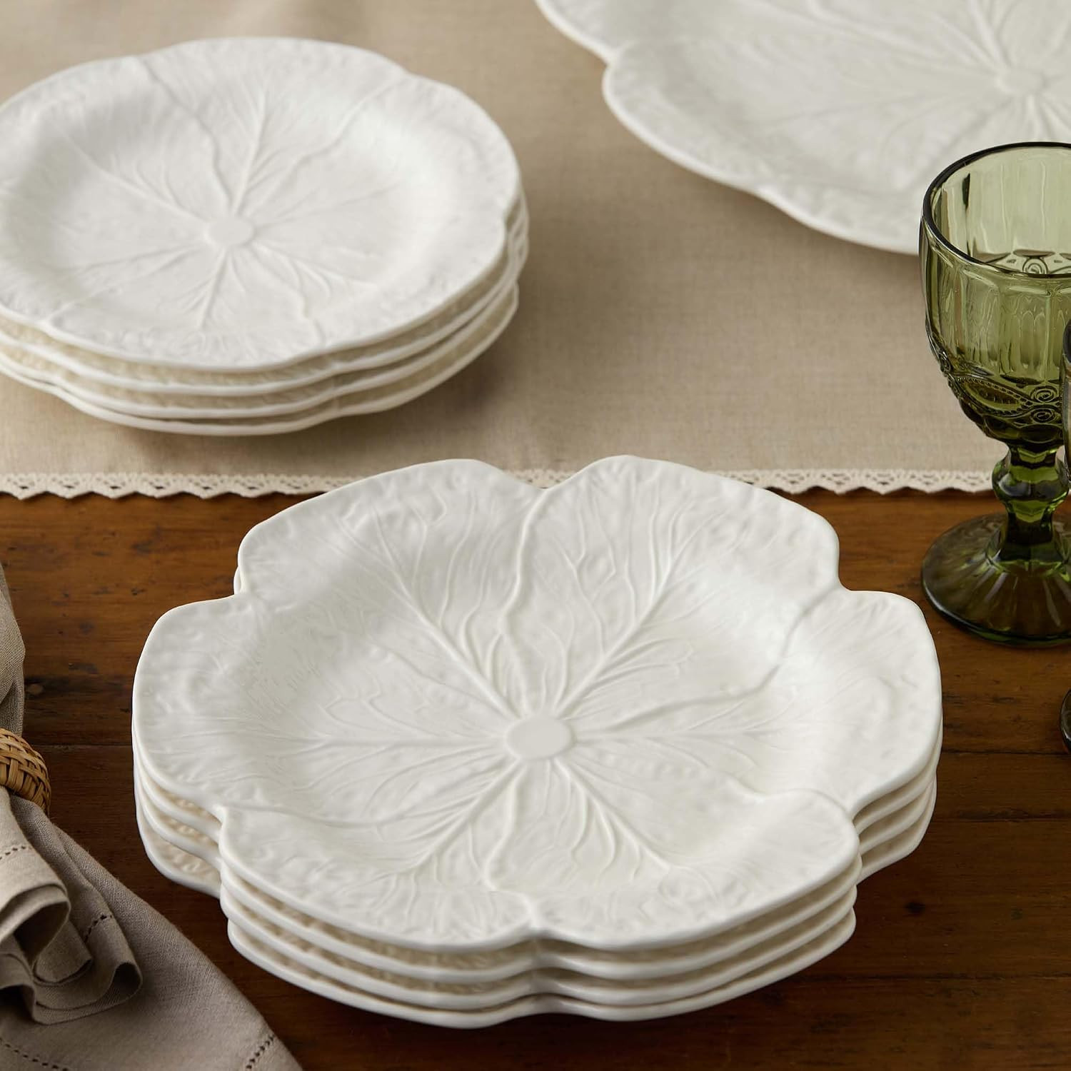 White Cabbage 3-D 11″DINNER PLATES, SETOF 4 – Sculpted Ivory Stoneware Leaf