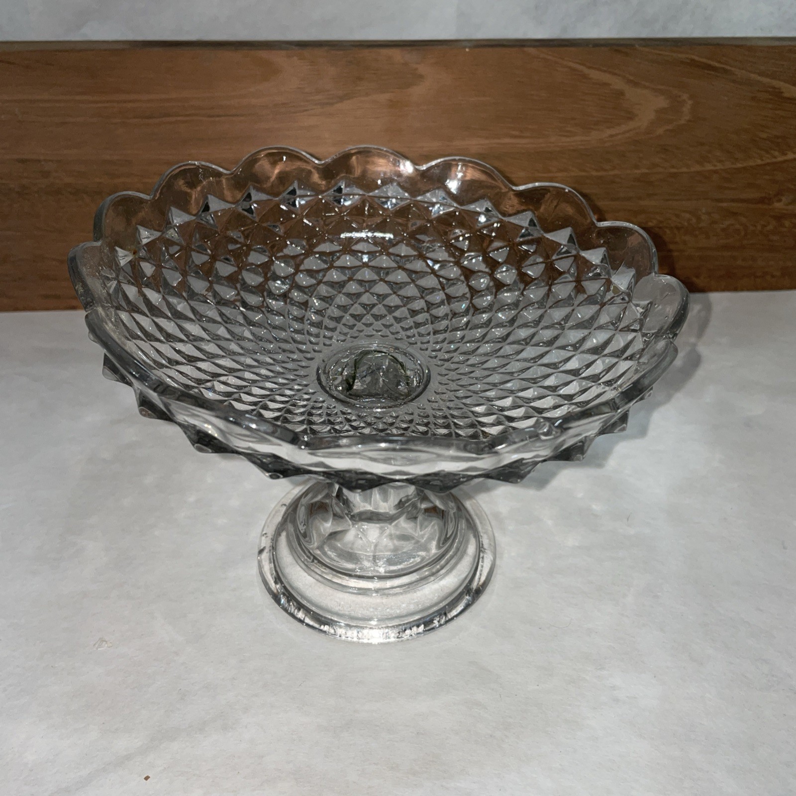 Pressed Glass Pedestal Candy Dish or Compote Scalloped Edge Bowl 6.5”H X 9”W