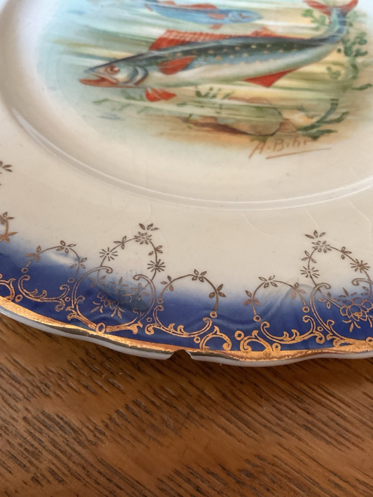 Antique Fish Serving Set, 7 Pc. Gold Rim Flow Blue Feathered Edge