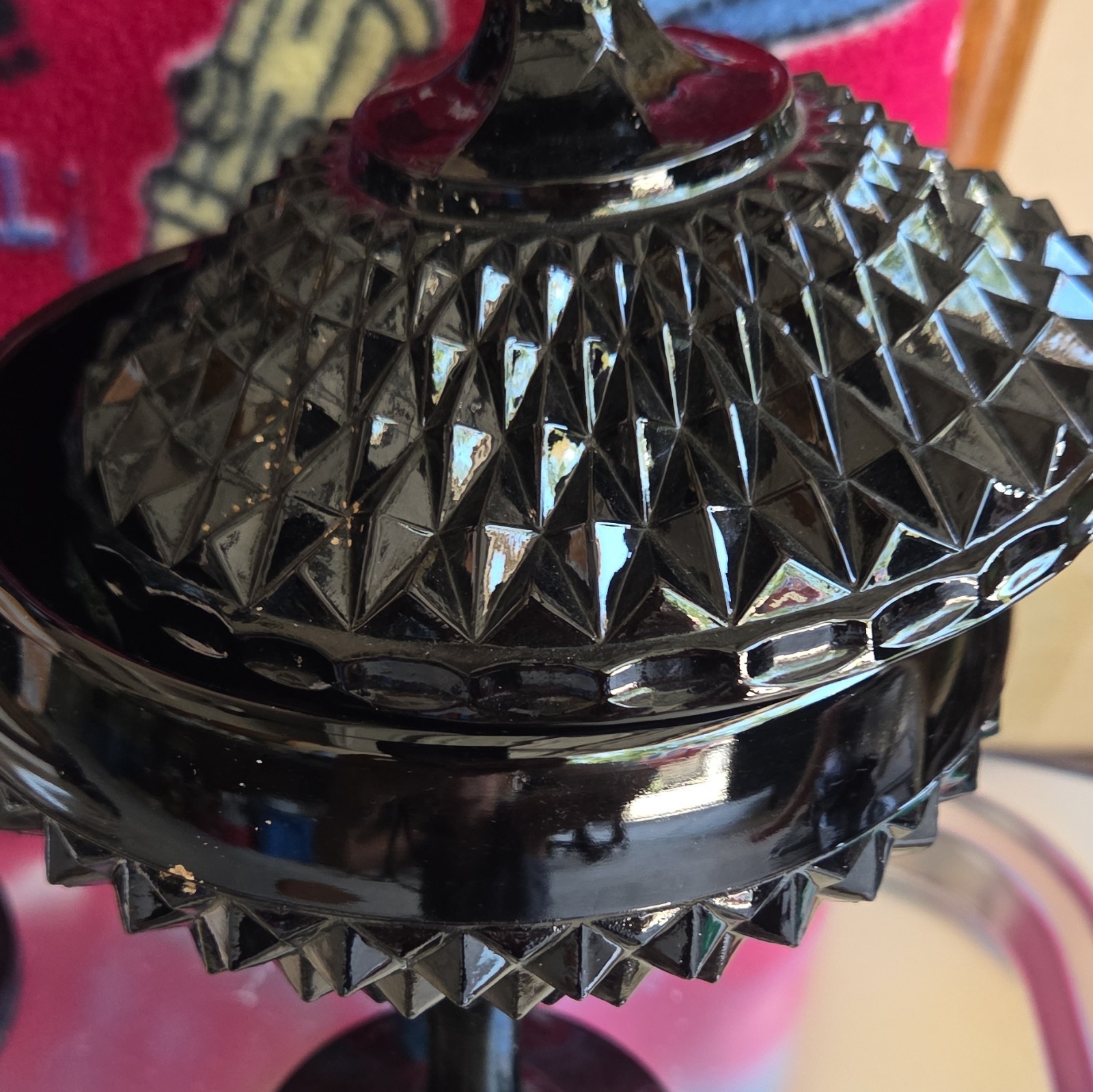 INDIANA GLASS TIARA DIAMOND POINT CANDY DISH IN BLACK