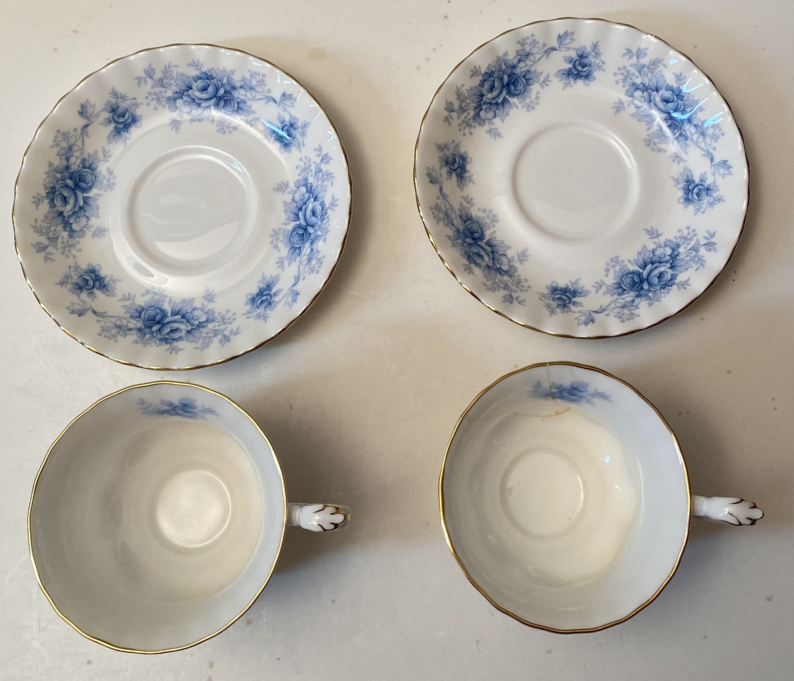 Two (2) Vintage Royal Albert Windsor Rose Blue Footed Cup & Saucer Sets
