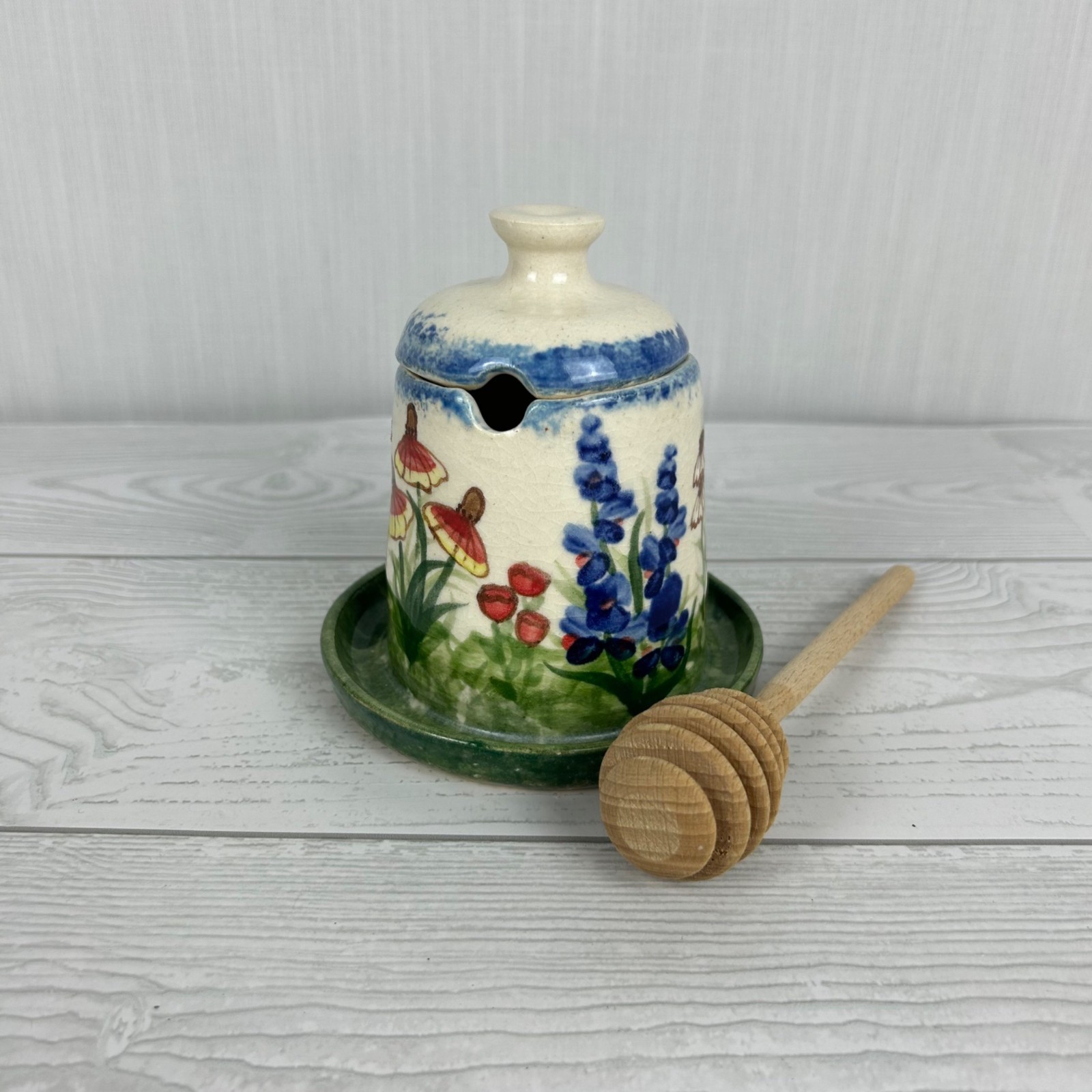 Handcrafted Ceramic Honey Pot Botanical Design Lid & Dipper Artist signed MDE