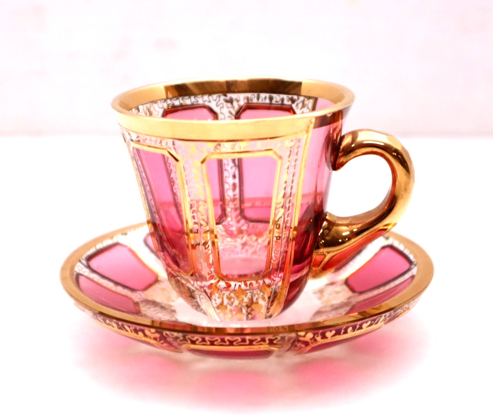 Moser Bohemian Cabochon Pink & Gold Floral Demitasse Espresso Tea Cup & Saucer