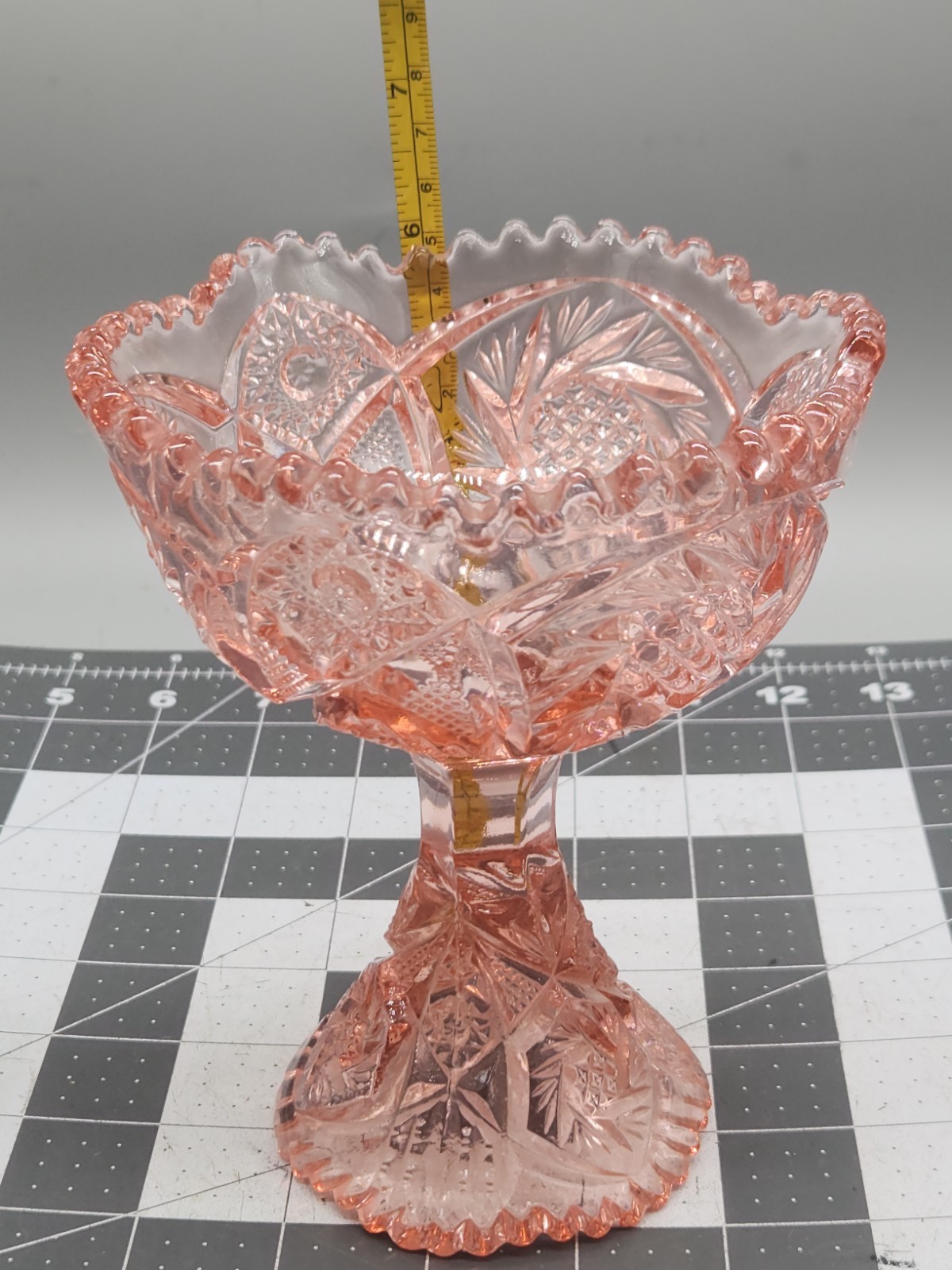Aztec Heritage Carnival Glass Whirling Star Pedestal Compote Sawtooth Rim Pink