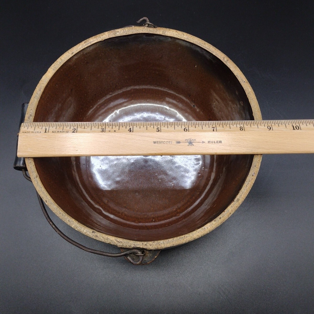 Antique Stoneware Salt Glaze8¾” Crock Mixing Bowl Wire Handle Metal Bottom Brown