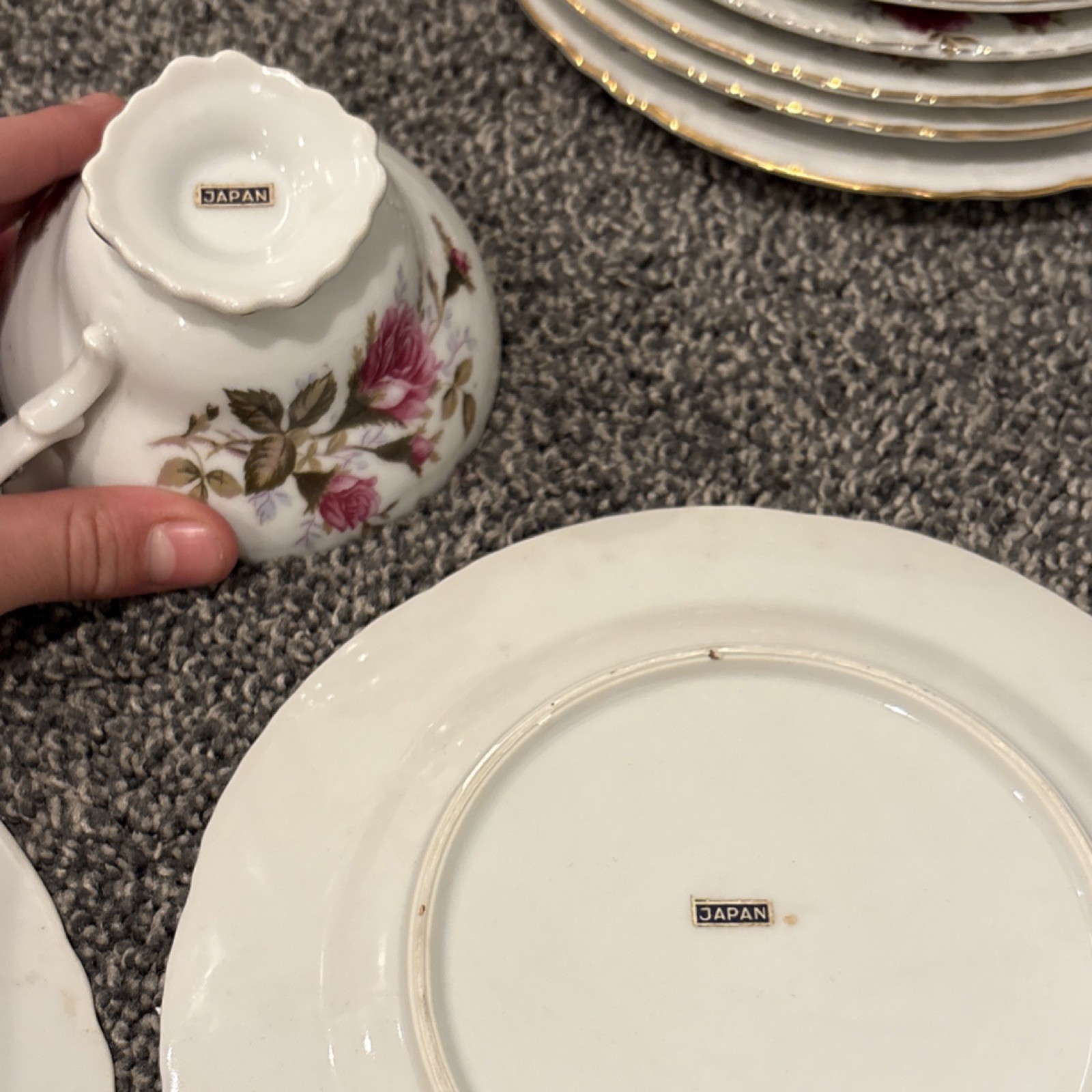 Unmarked Porcelain Floral Dinner Set White/Pink/Green w/ Gold Trim Teapot