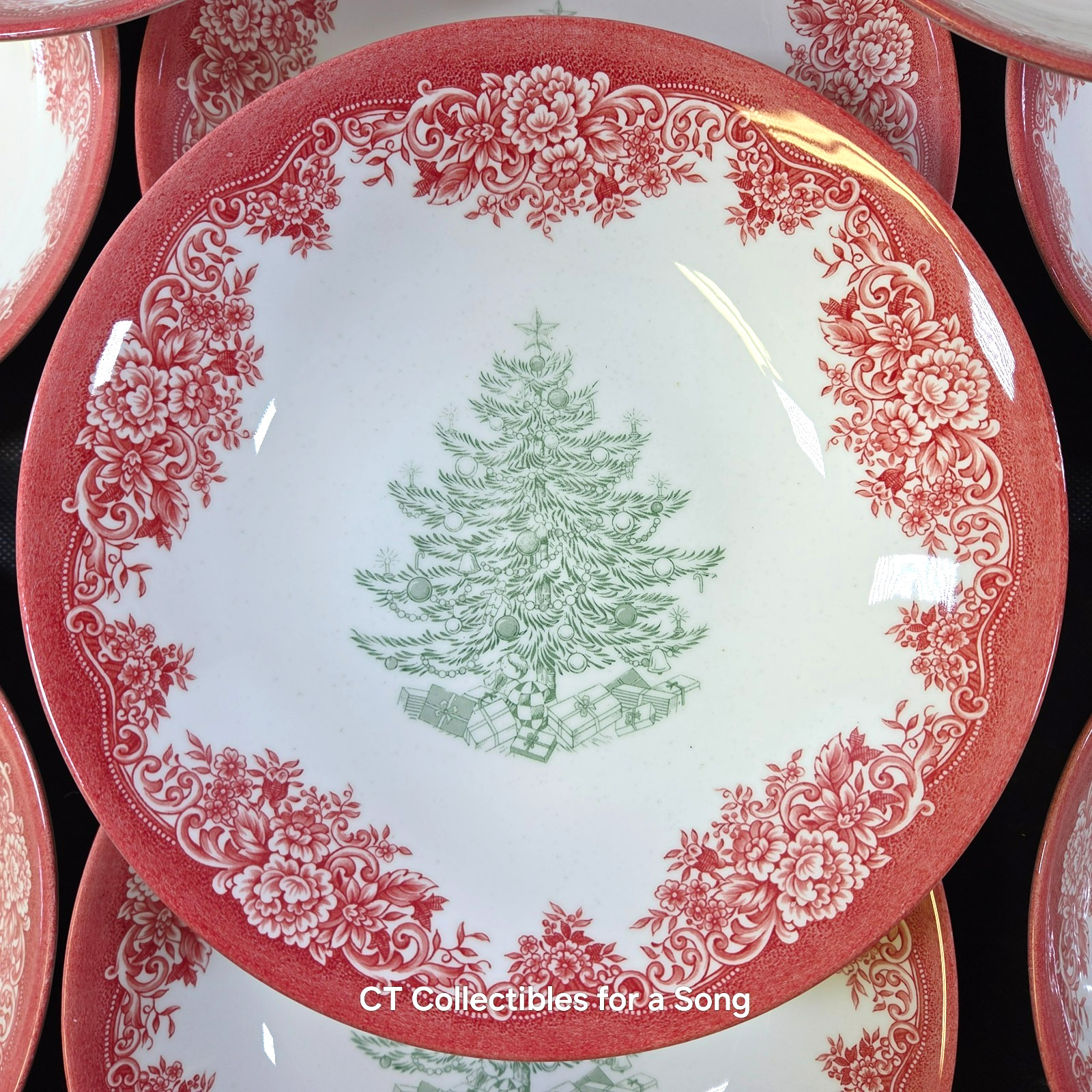 NEW Set 12 Royal Stafford Red Green Christmas Tree Pasta Bowls 9″ In Box Holiday