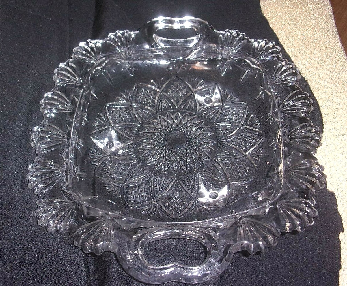 Antique 1919 AMB Period Square Cut Glass 3-Footed 10″ Bowl-Heart Handles-EUC