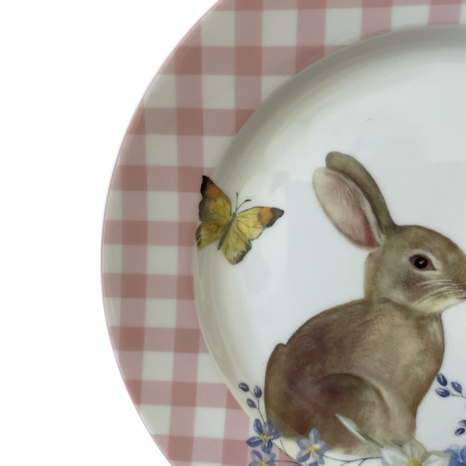 Grace Teaware Bunny Floral Pink Gingham 8in Side Salad Plates Set of 4 NEW