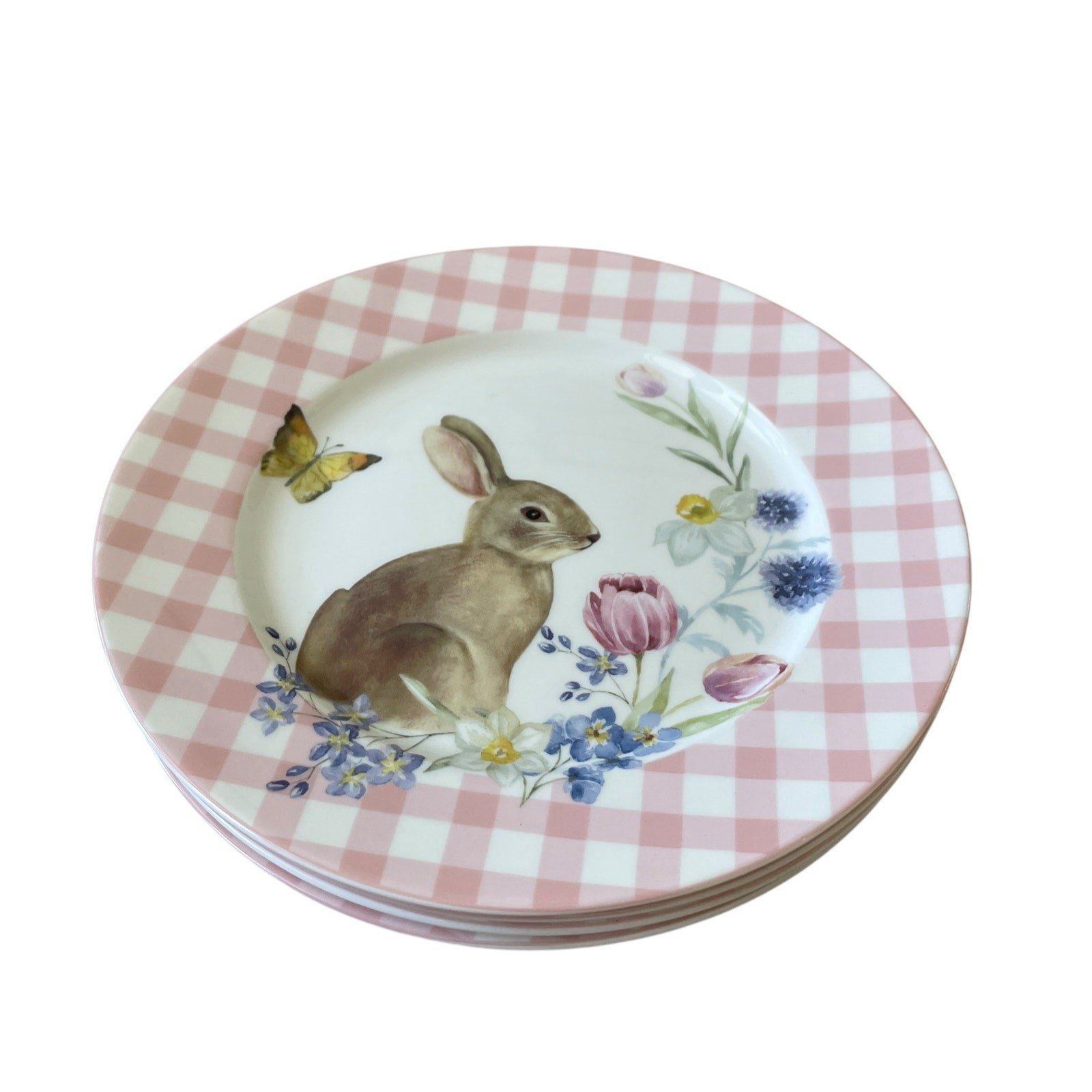 Grace Teaware Bunny Floral Pink Gingham 8in Side Salad Plates Set of 4 NEW