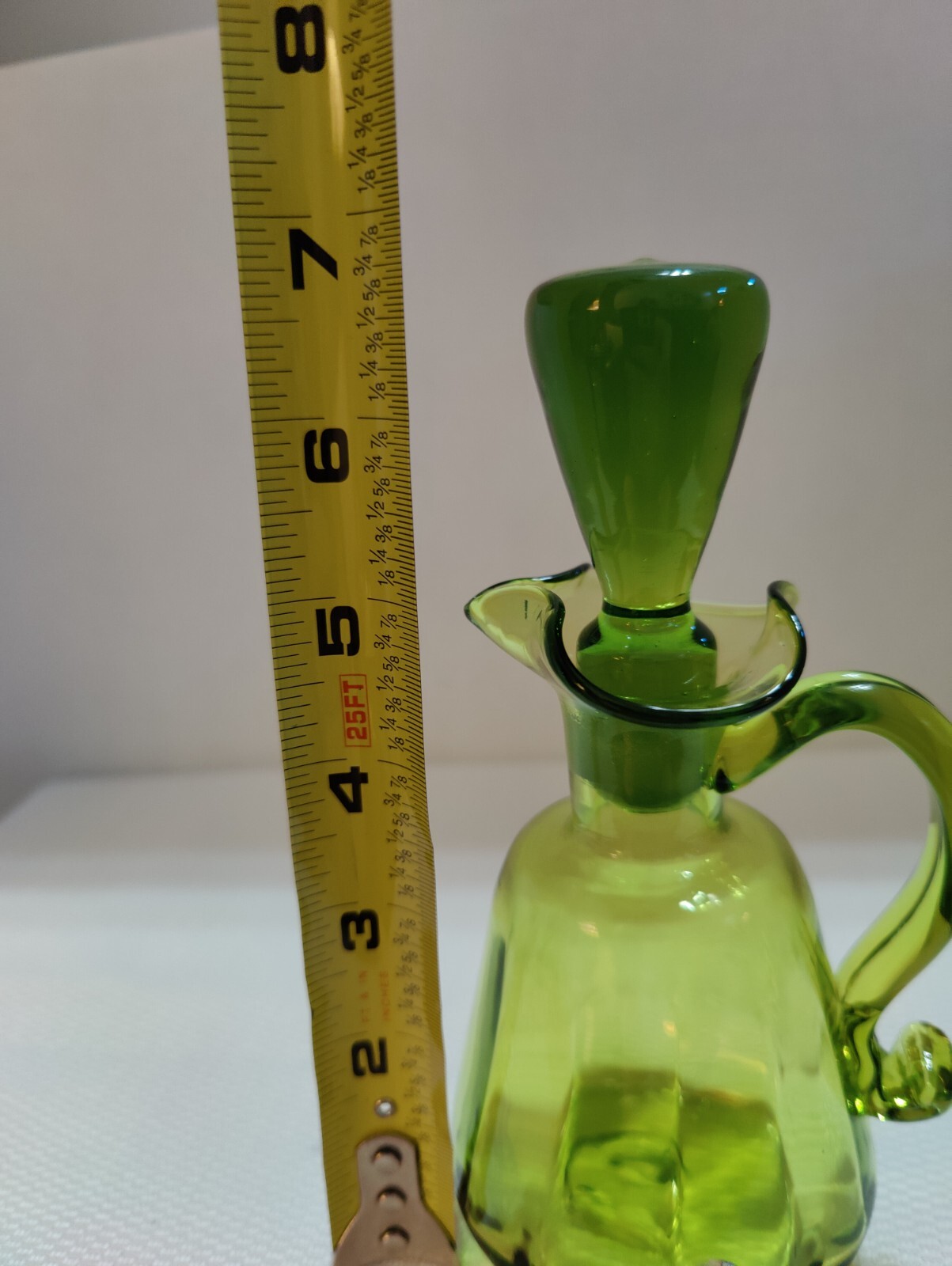 Vintage OLIVE GREEN BLOWN ART GLASS CRUET & STOPPER 7” Tall