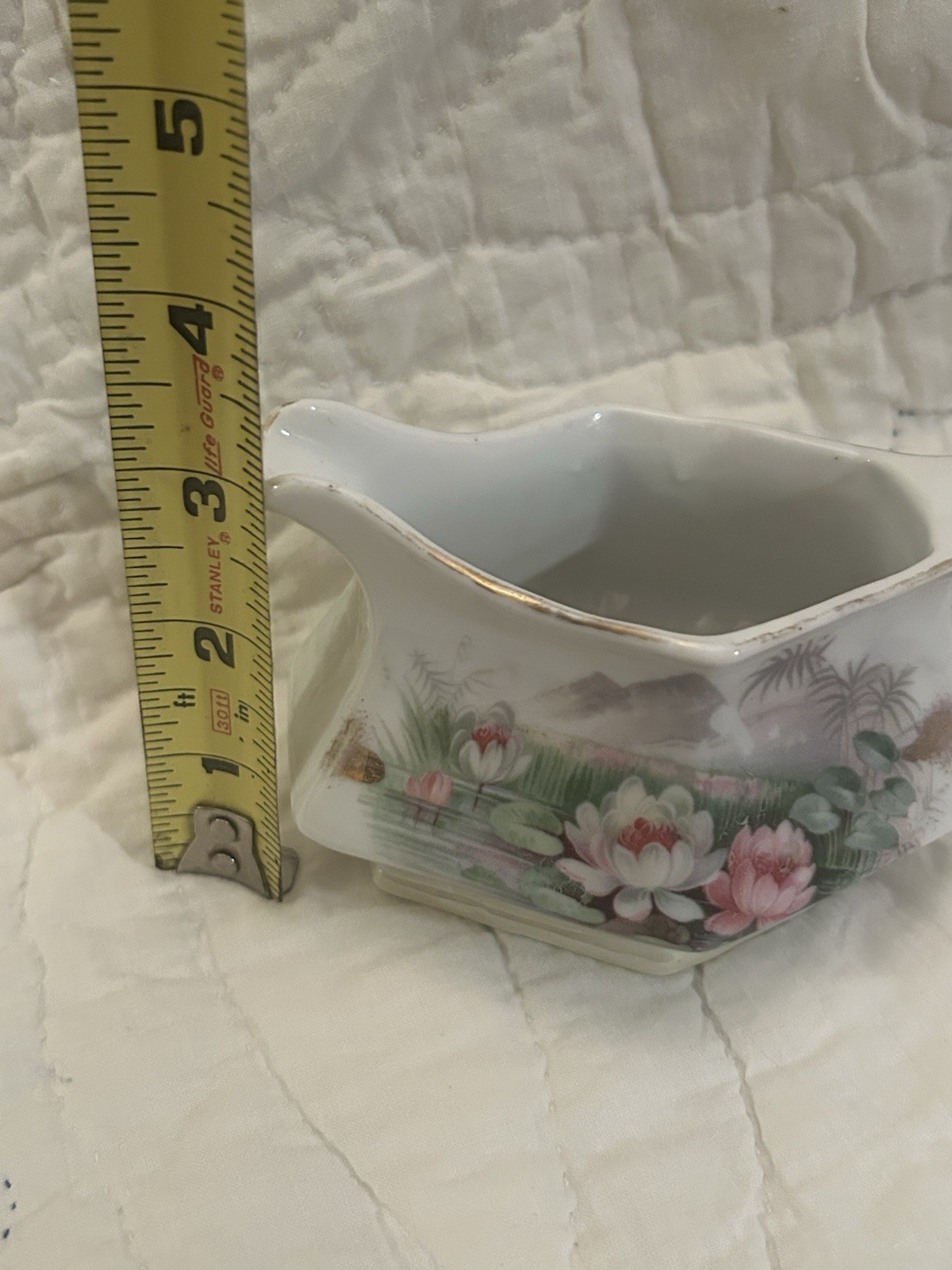 Porcelain Floral Gravy Boat, Hexagon Shape, White Pink Green, 6 in Glossy