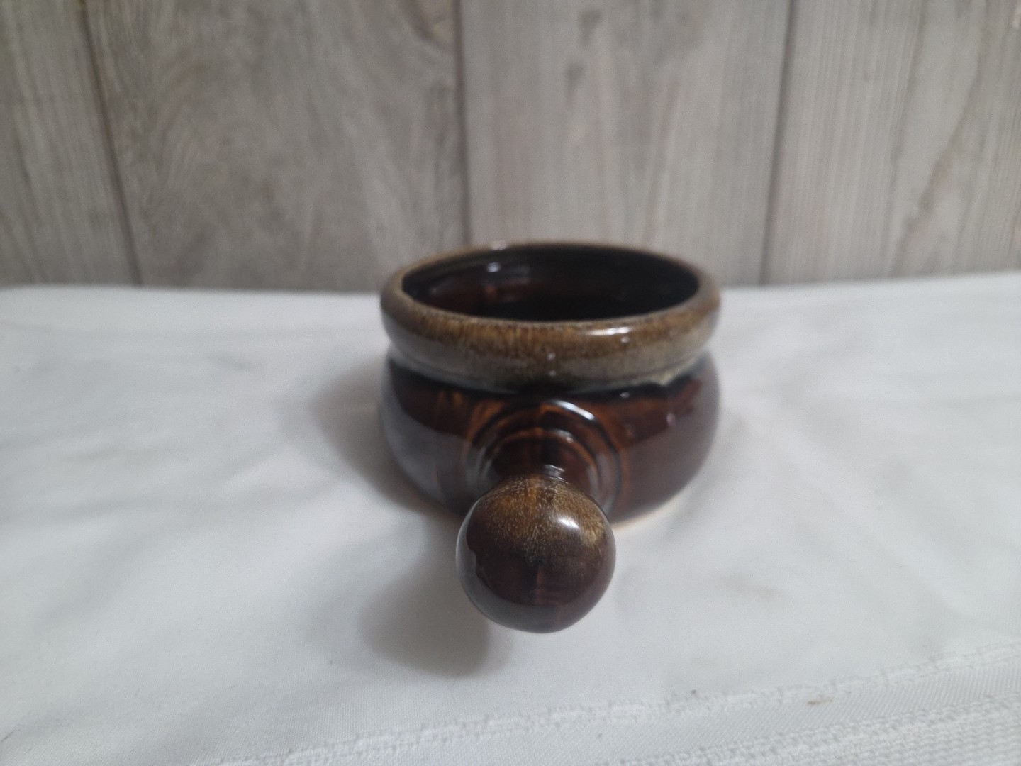 UNMARKED Pottery Brown Drip Glaze Handled SOUP / CHILI BOWL, no lid, just 1, VTG