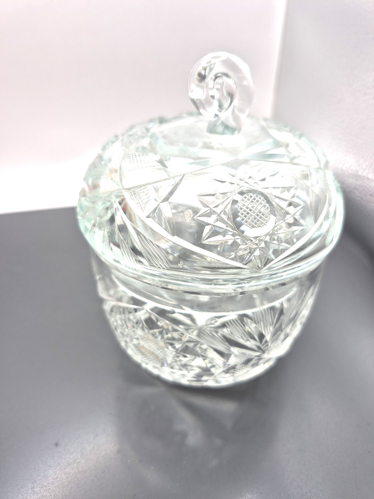 Vintage Clear Cut Lidded Candy Dish Starburst Pattern 6″ Tall EUC