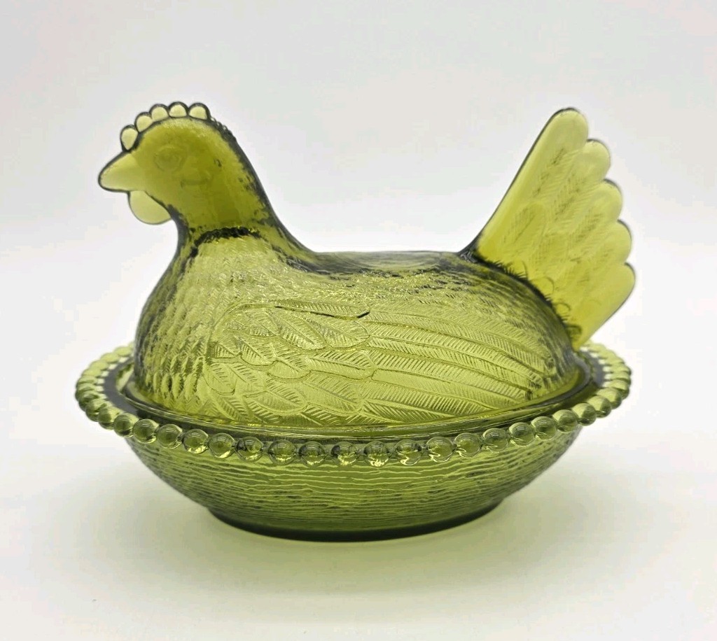 Vintage Indiana Green Glass Hen On Nest Covered Candy Dish 7″ Farmhouse Chicken