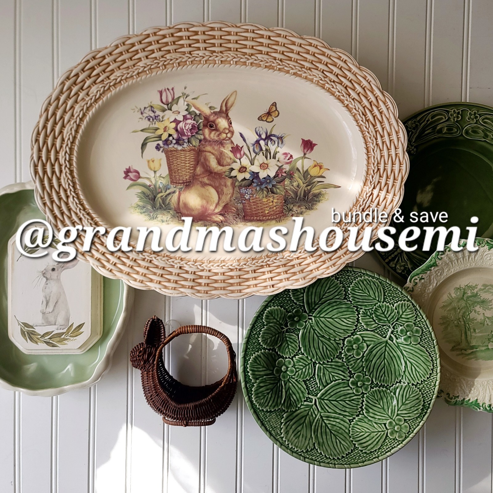 Vintage CRACKER BARREL Easter Treasures 18.5″ Oval Basket Weave Bunny Platter