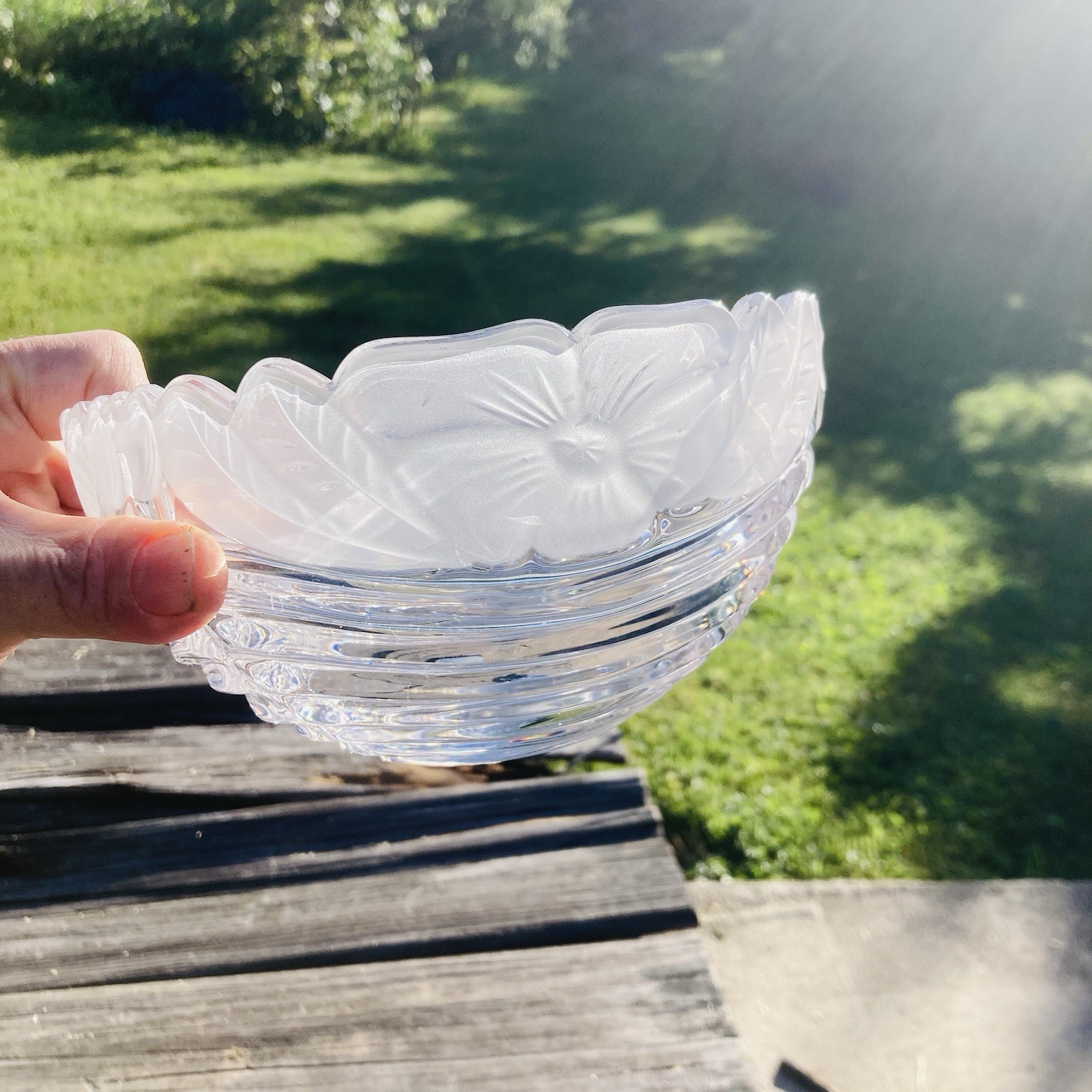 Vintage Lead Crystal Satin Floral Beehive Serving/Snack Bowl Made In Germany