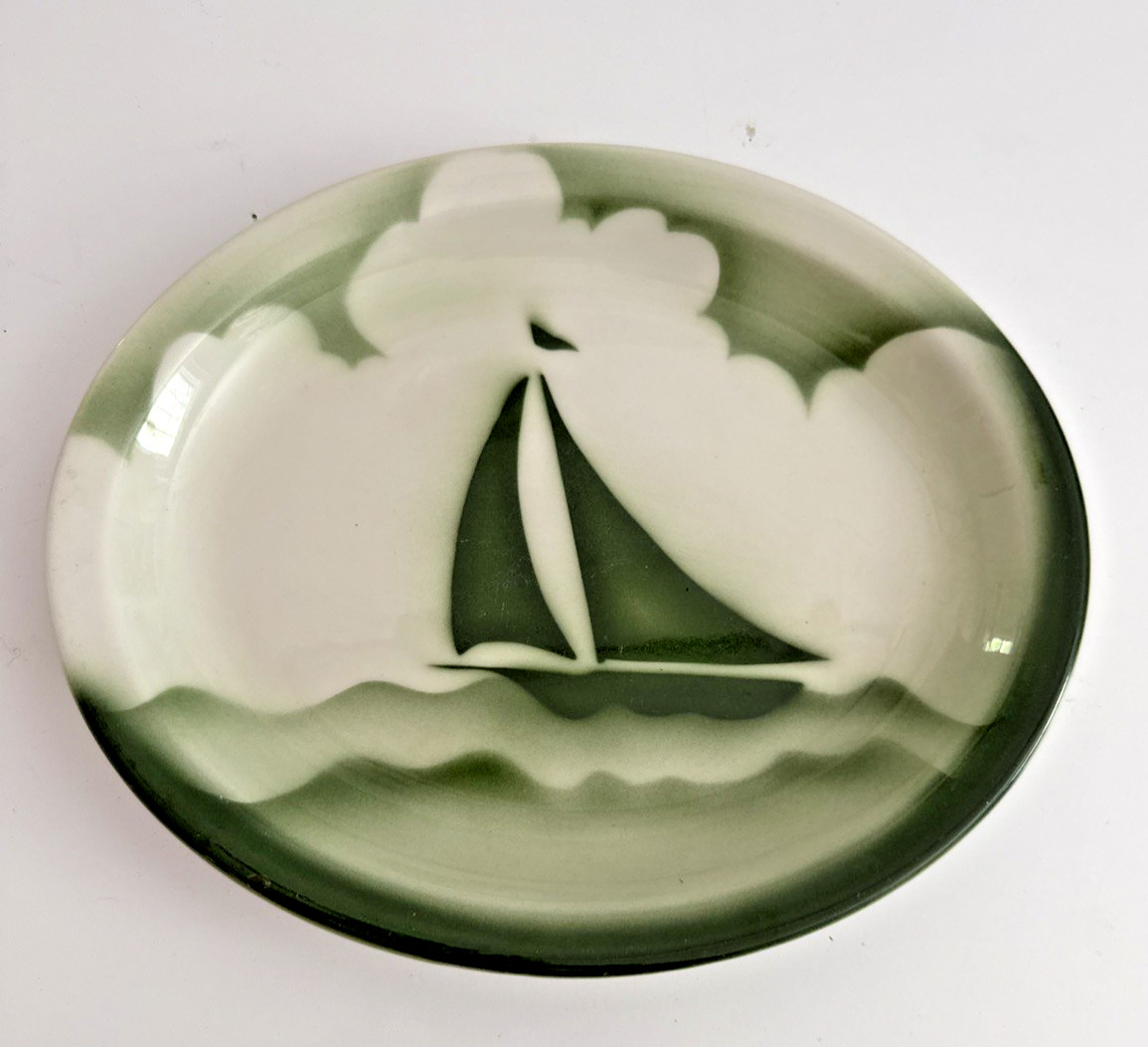 Rare 1950s Jackson China Airbrushed Sailboat Platter Green Nautical Restaurant
