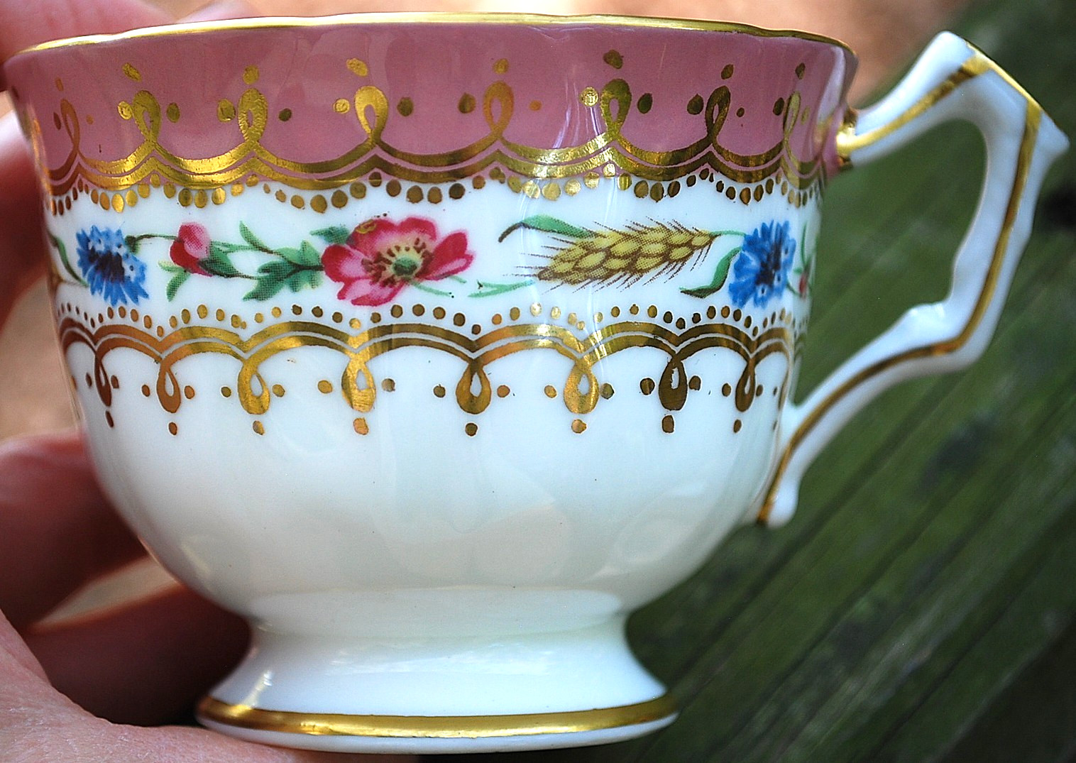 Vtg AYNSLEY ENGLAND Footed Teacup & Saucer HARVEST WHEAT/PINK FLORAL Bone China