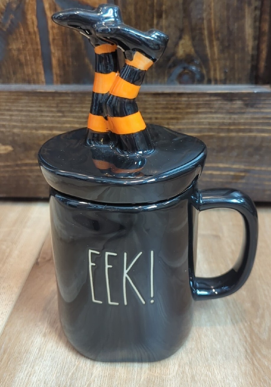 Rae Dunn Halloween EEK! Black Mug With Witch Legs Topper Lid