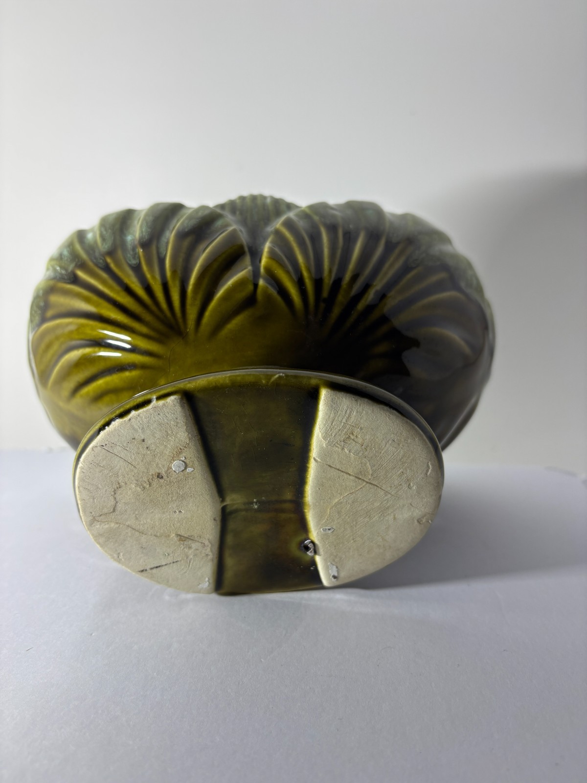 Vintage MCM Green Drip Glaze Footed Compote Bowl – Scalloped Leaf Design