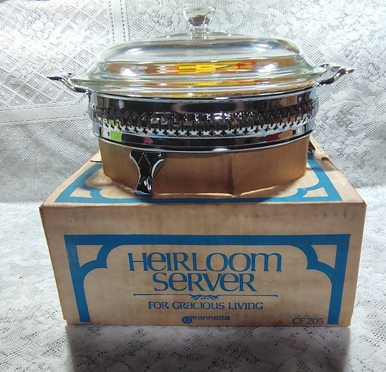 Vintage NOS Glasbake Round Casserole Dish, Silver Plated Holder In Original Box