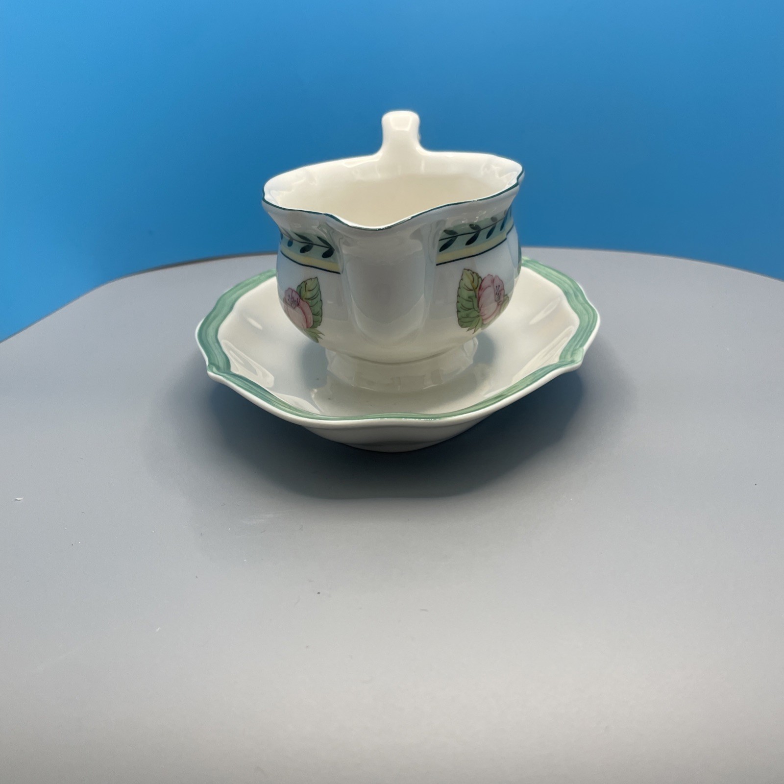 Ceramic Gravy Boat w/Underplate, Fruit and Leaf Motif, Green Rim