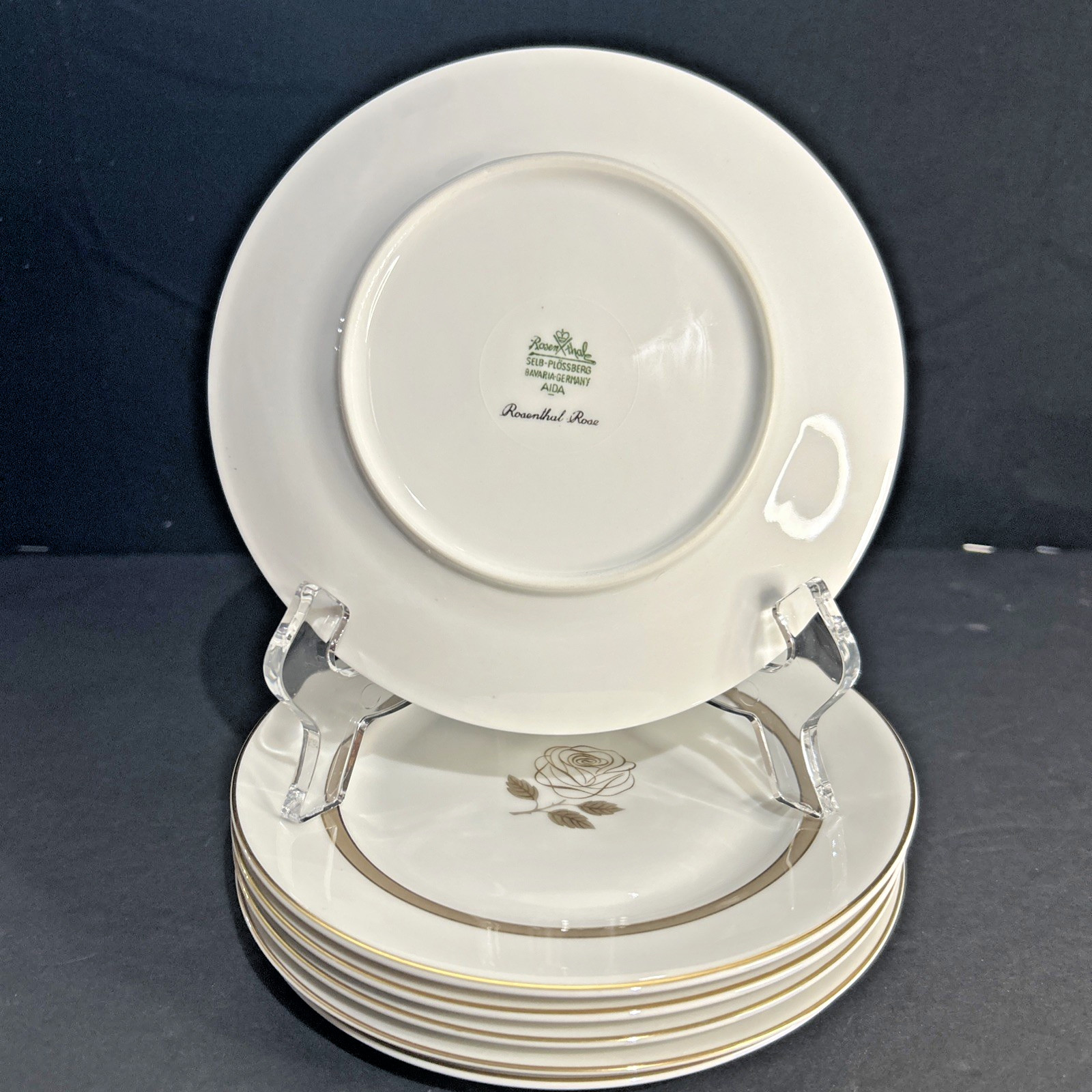 Rosenthal Rose 6” Dessert Bread Plates White w/Gold Rose & Trim Germany Set/6