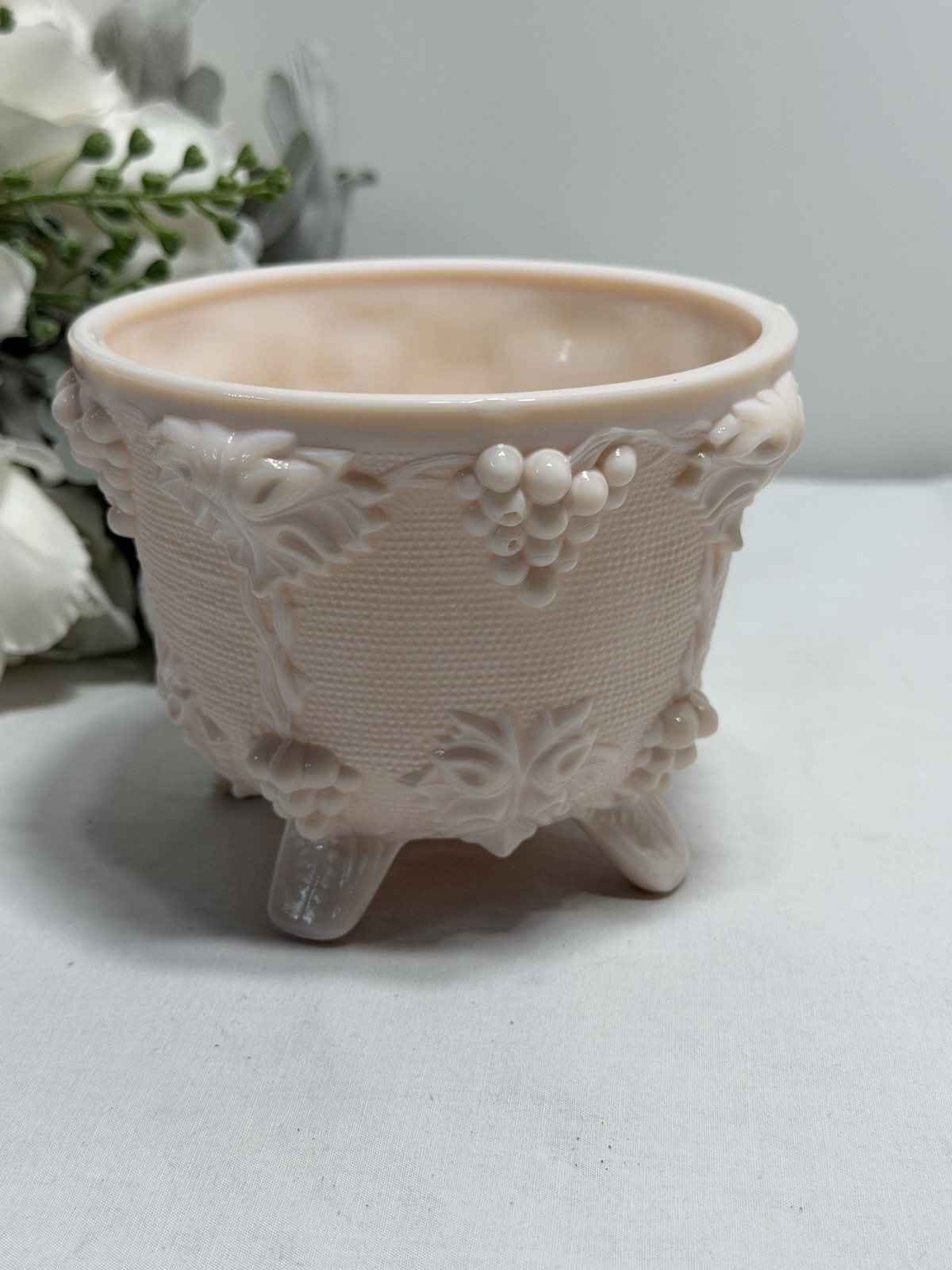 Vintage Jeannette Shell Pink Milk Glass Footed Candy Dish Grape & Vines 3.5” T