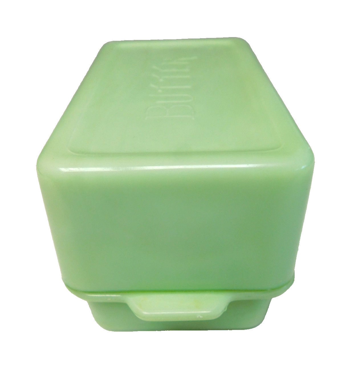 VINTAGE 1930’S JEANNETTE GREEN JADEITE BUTTER DISH & COVER EMBOSSED TOP