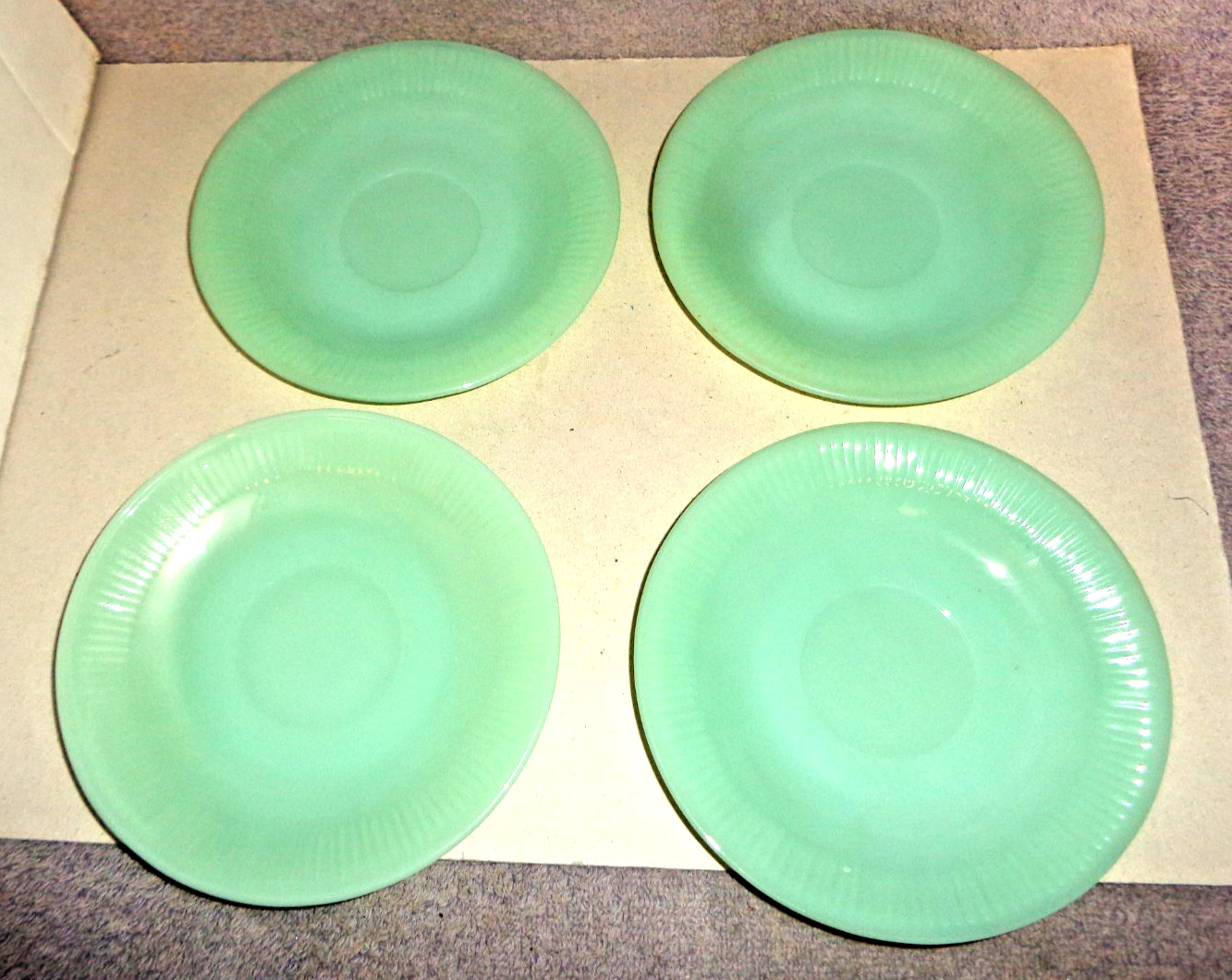 Set Of 4 Vintage Oven Fire King Ware Jane Ray Jadeite Saucers 5.75″ Ribbed Rim