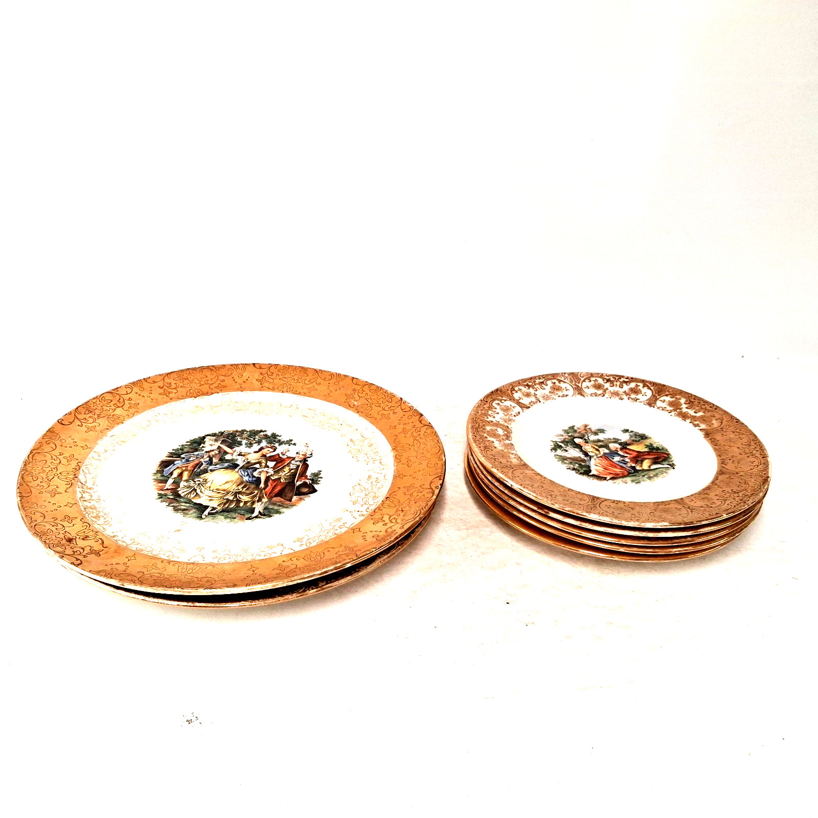 Sabin Crest O Gold Plates 22K Gold Trim Pastoral Scene Vintage China Set