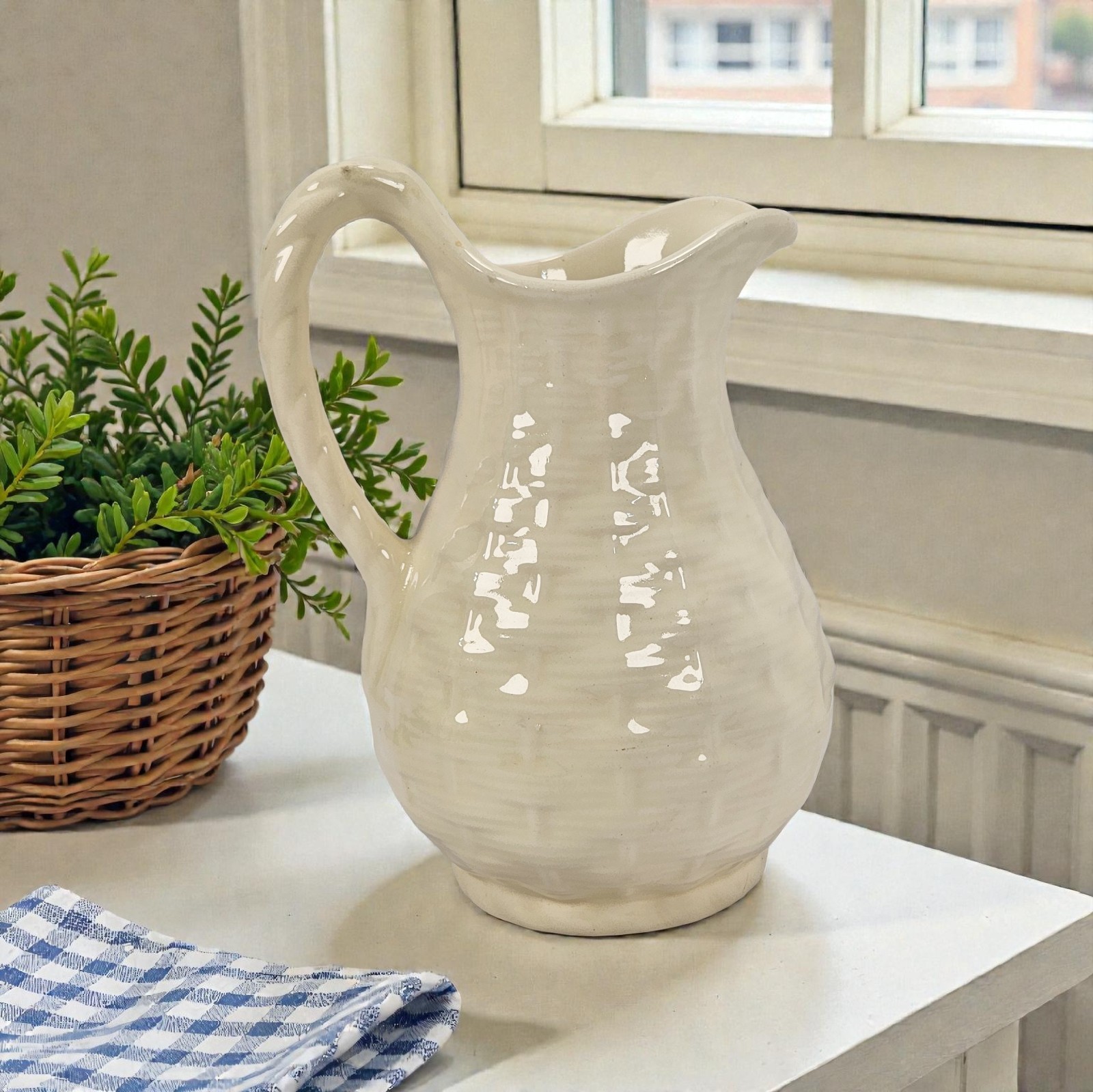 VTG Ceramic Cream Off-White Basketweave Pitcher Farmhouse Twisted Handle 7.25″