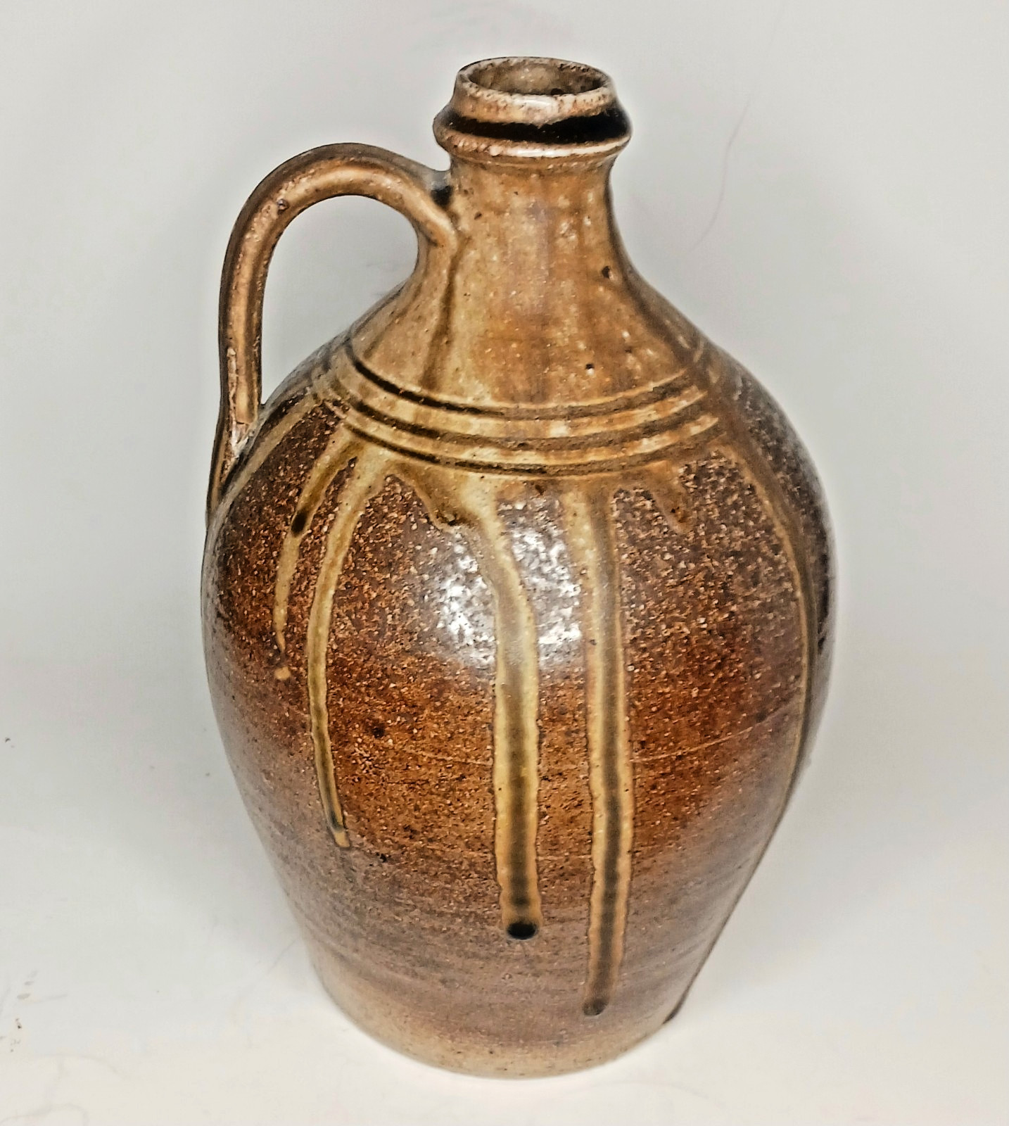 10” Jugtown Pottery Signed PAMELA OWENS Drip Glaze Stoneware Jug Brown. 1998