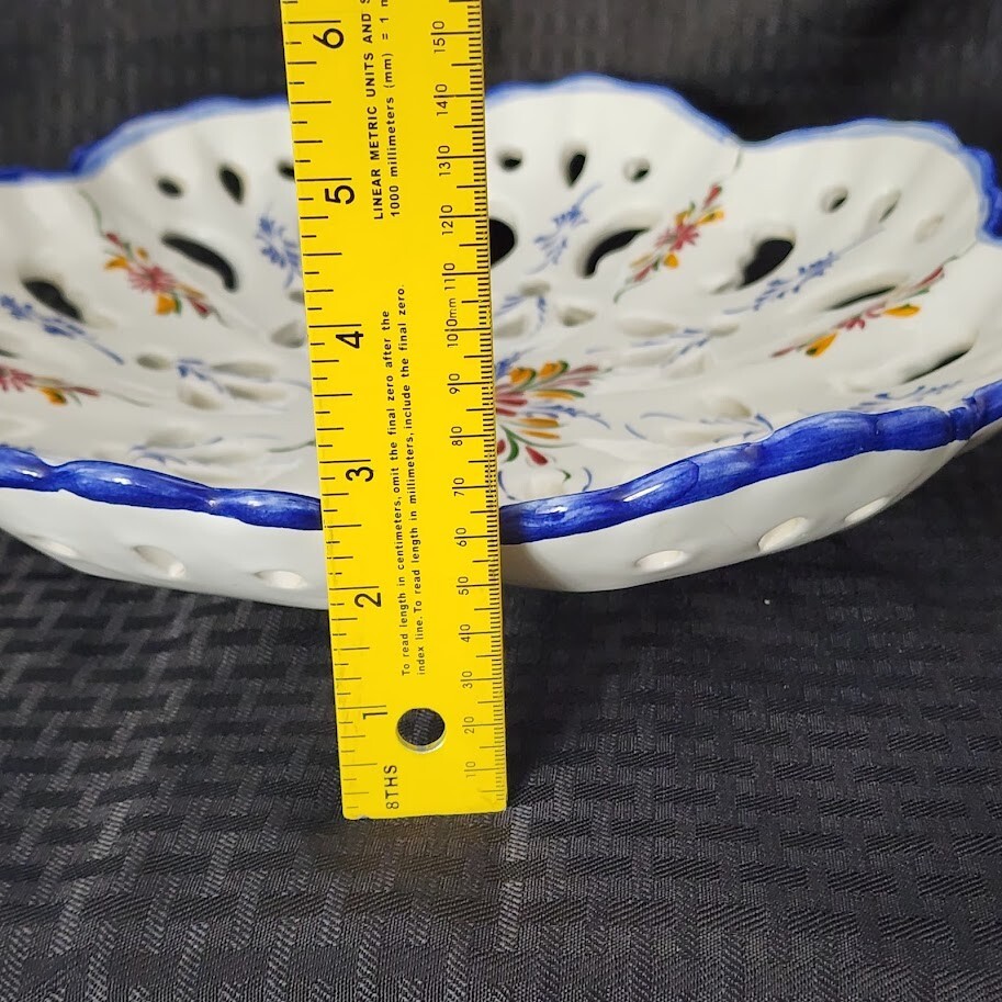 VTG RCCL Fruit Bowl Reticulated Hand Painted Portugal Signed Pottery Floral 14″