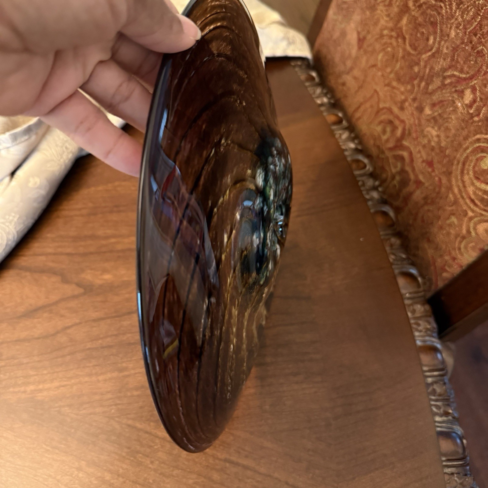 Contemporary Piece Of Art Glass Featuring A Swirling Design Brown, Blue & Yellow