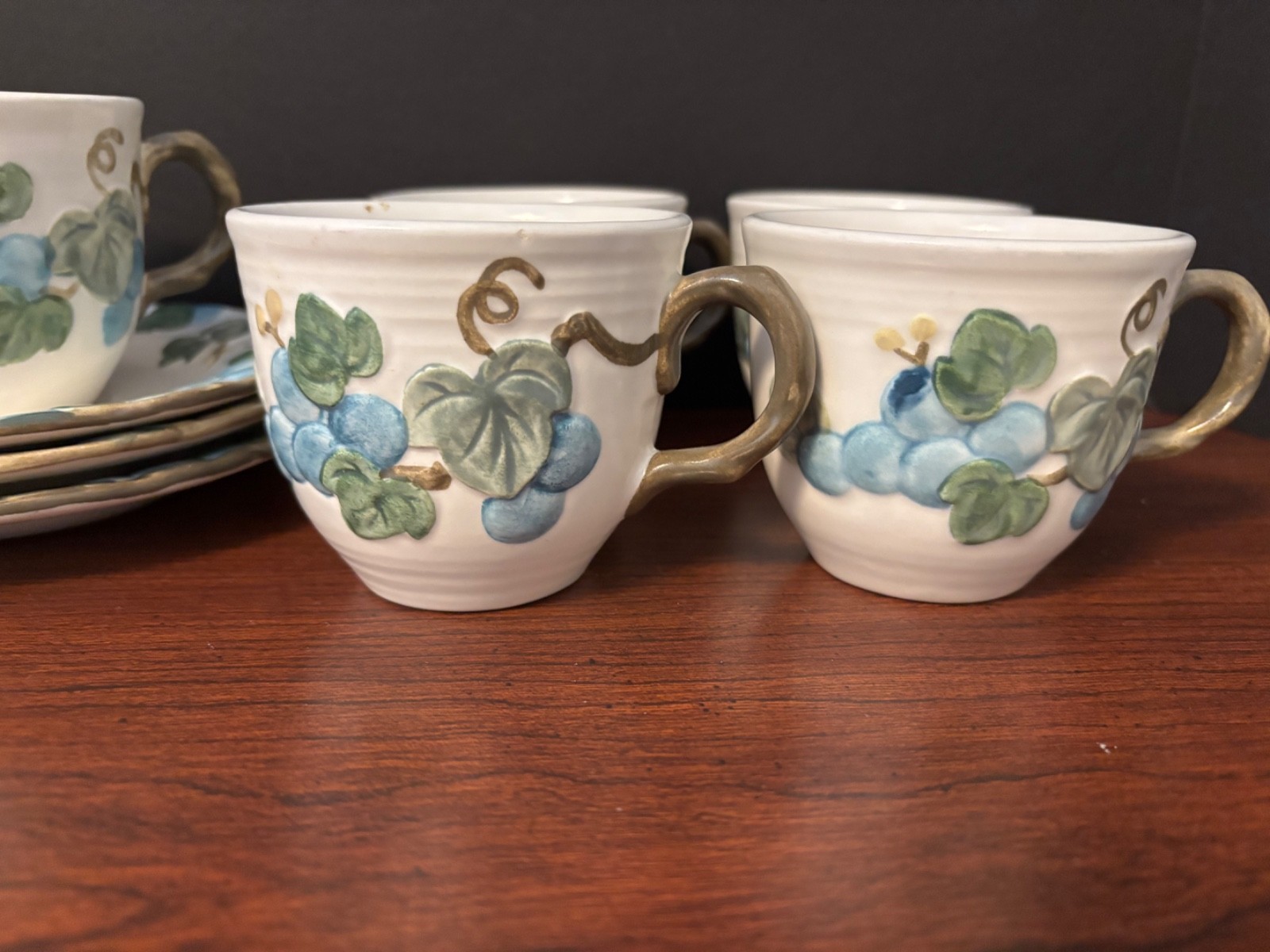 Set of 6 Vintage Metlox Poppytrail Vernon SCULPTED GRAPE Cups & Saucers
